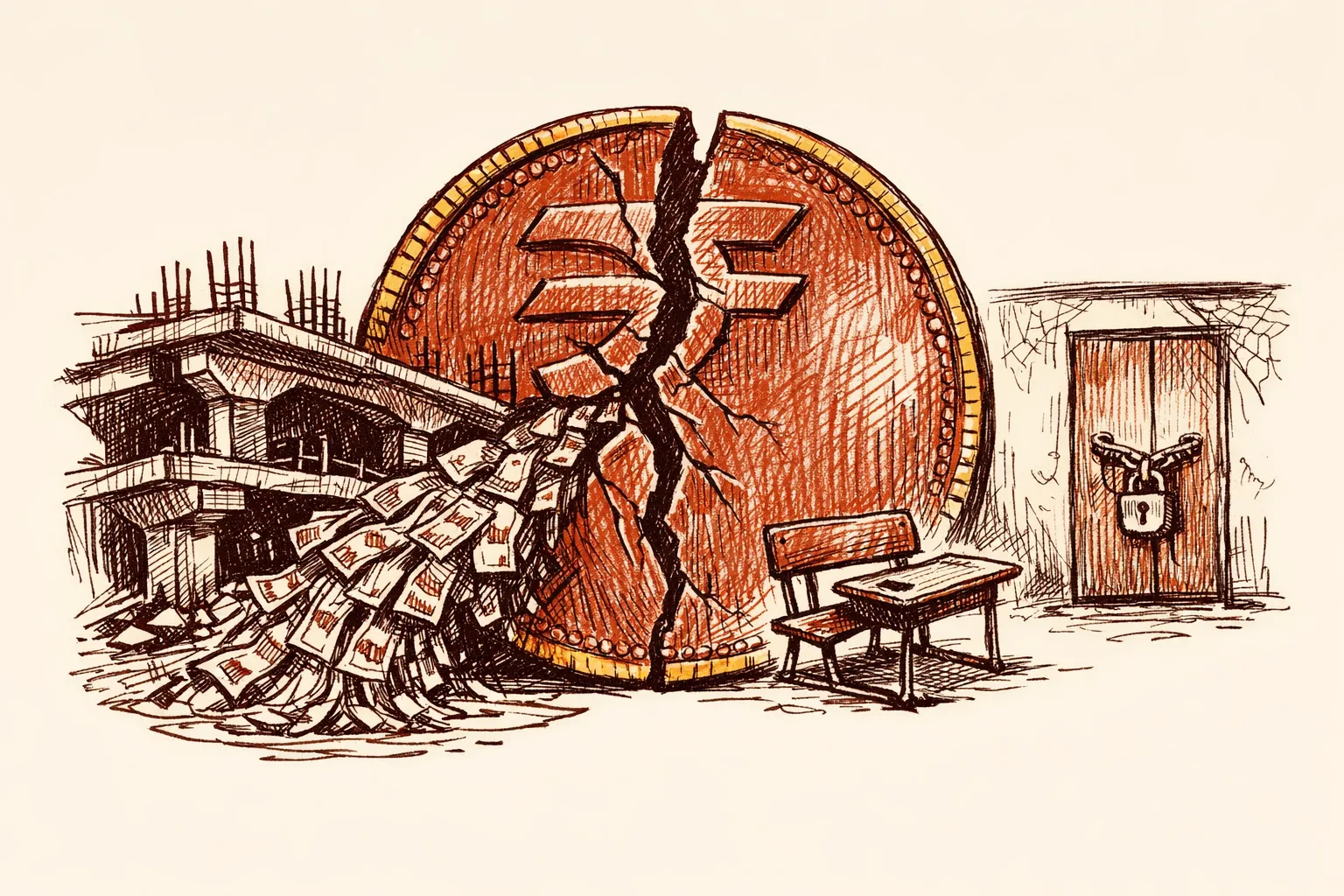 Editorial illustration of a cracking rupee coin with funds pouring into an unfinished infrastructure project while a school bench and clinic sit empty, representing the human opportunity cost of India's infrastructure cost overruns