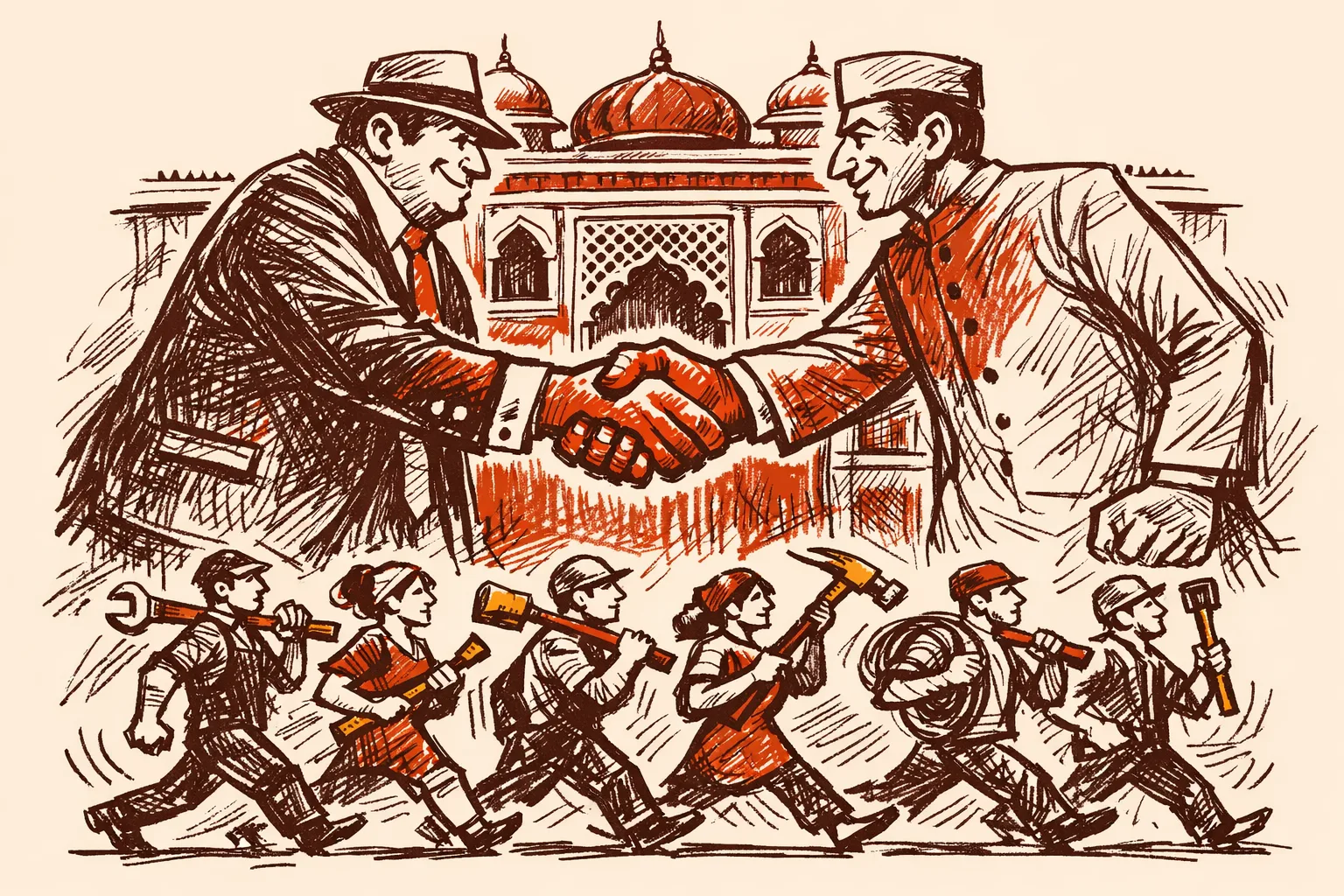 Editorial illustration showing a handshake between an employer and a training institute administrator above a line of job-ready workers marching forward with tools, representing the reform linking vocational training funding to employer partnerships