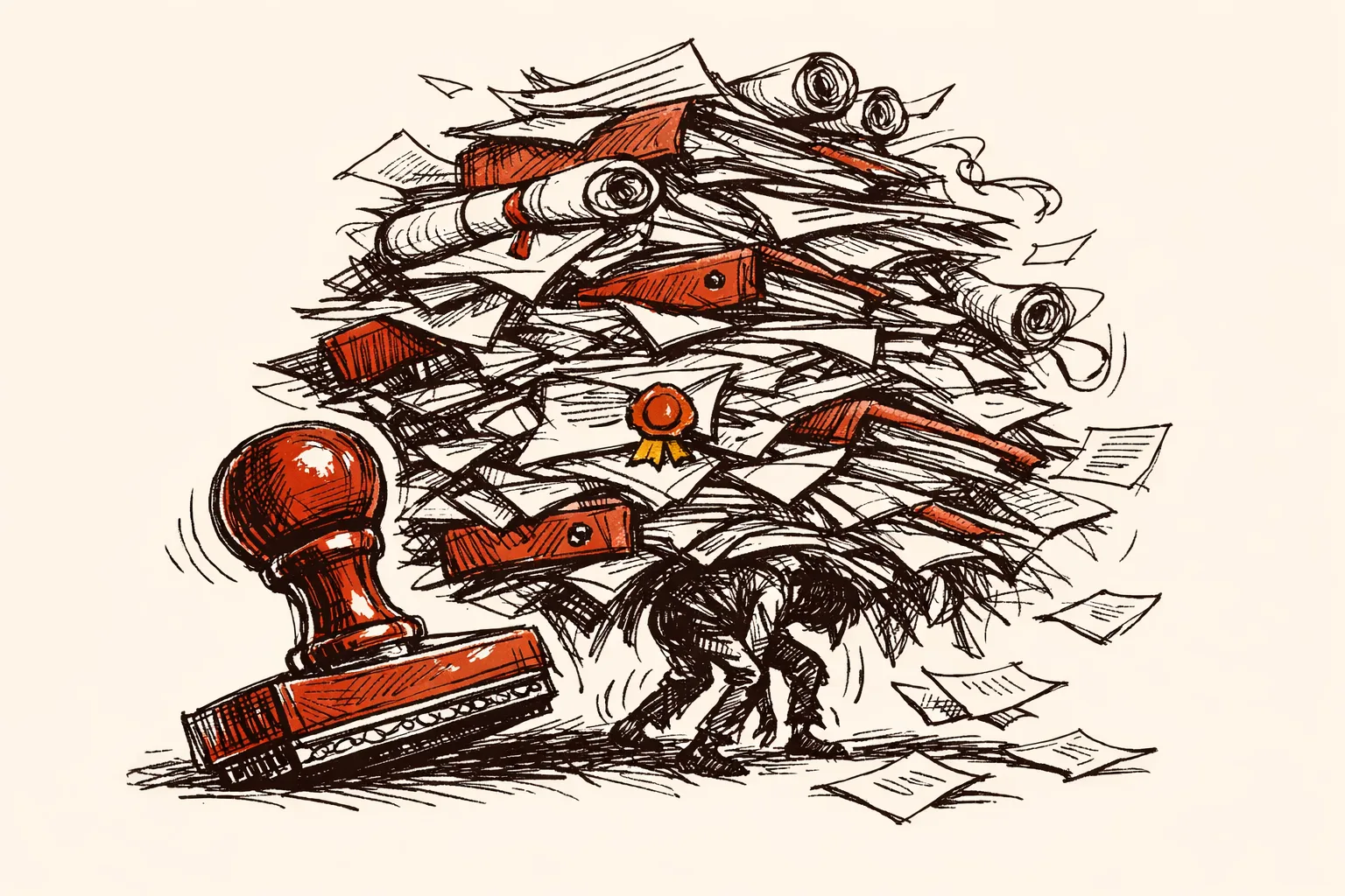 Editorial illustration of a figure crushed under a towering pile of bureaucratic papers and rubber stamps, representing India's License Raj era and unfinished economic reforms since 1991