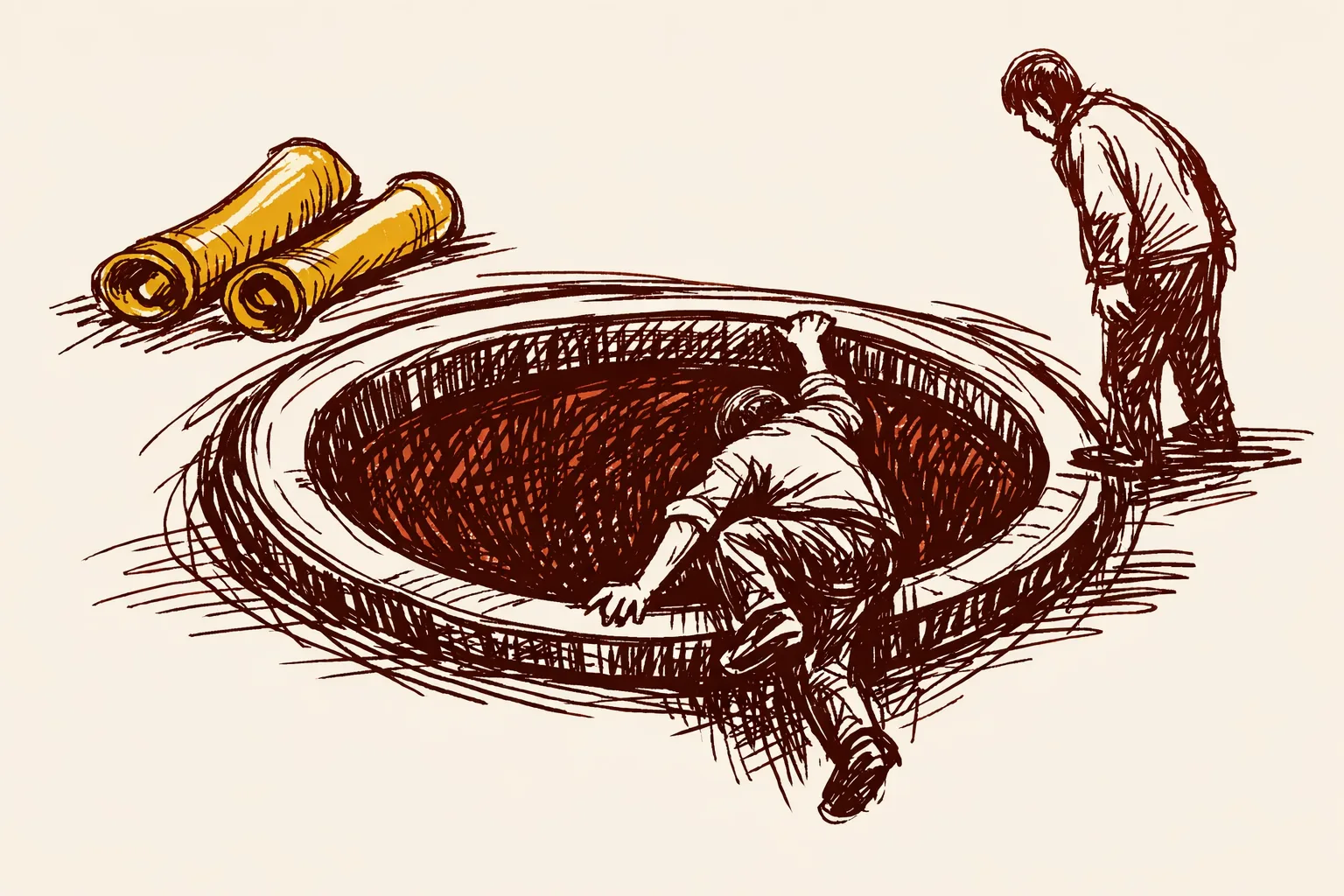 Editorial illustration of a lone figure descending into a large dark sewer opening while two rolled legal documents lie unused above ground, representing the continued practice of manual scavenging despite legal bans.