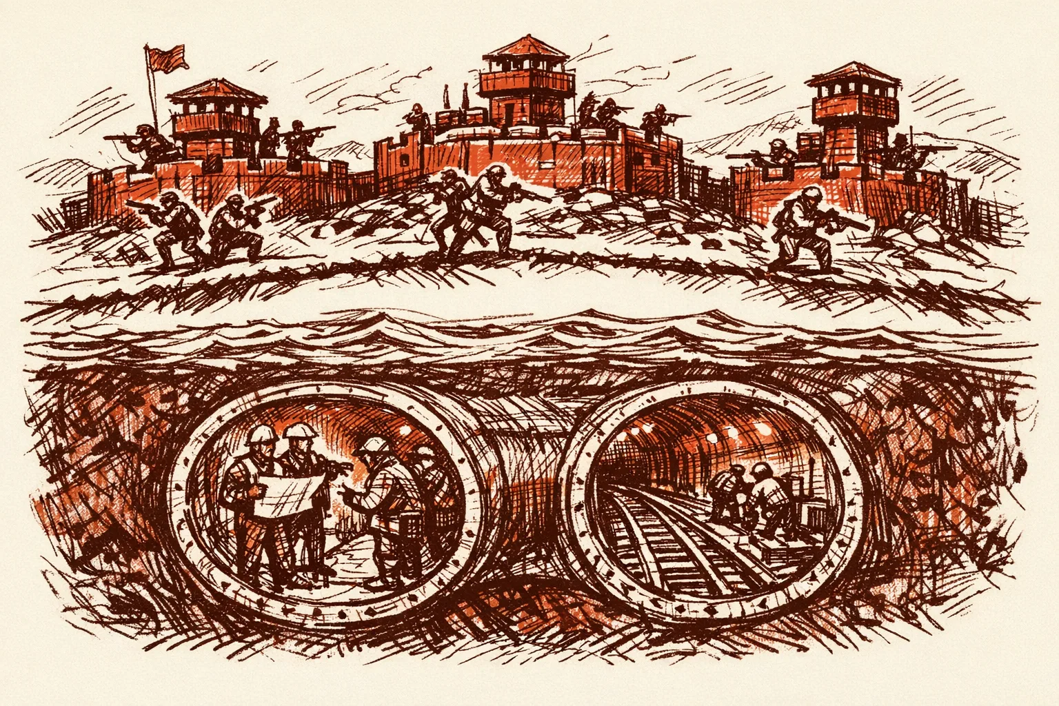 Editorial illustration showing three military garrisons in a defensive arc above ground and a twin-tube tunnel cross-section boring beneath a wide river as India's eastern frontier infrastructure response