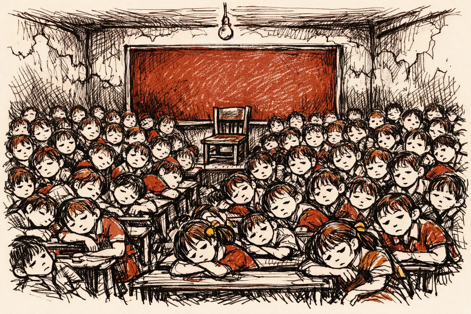 Editorial illustration of a government school classroom packed with children sitting on benches staring at an empty chalkboard, with a vacant teacher's chair at the front, representing the gap between school enrollment and actual learning in India.