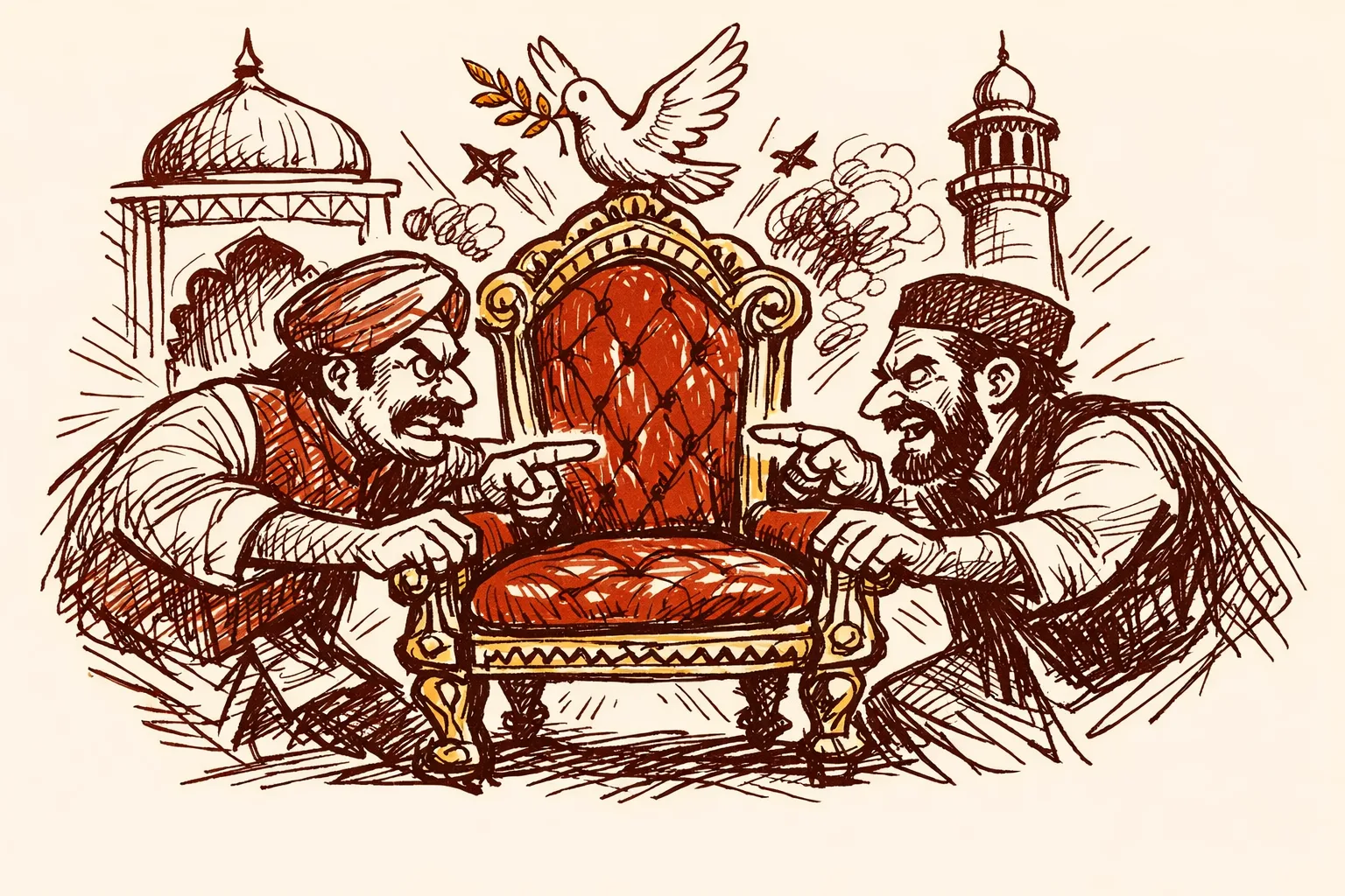 Editorial illustration for India Handed Pakistan the Peacemaker Seat - Now What