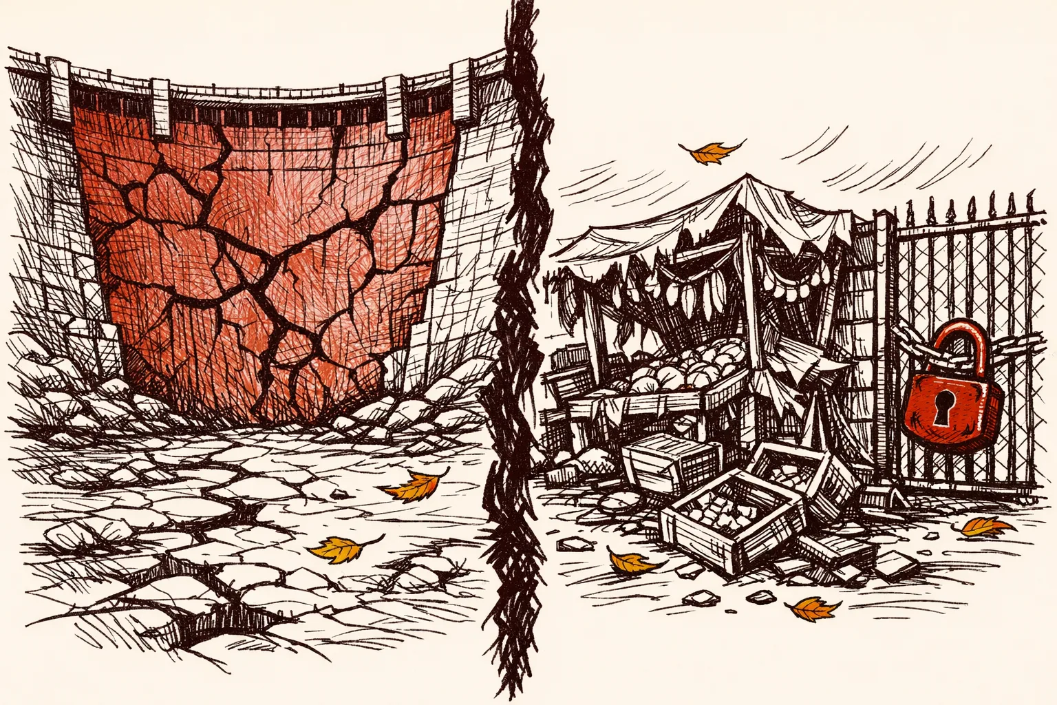 Editorial illustration showing a cracked dry dam on one side and collapsed trade stalls with a padlocked gate on the other, representing the suspension of the Indus Waters Treaty and collapse of India-Pakistan trade