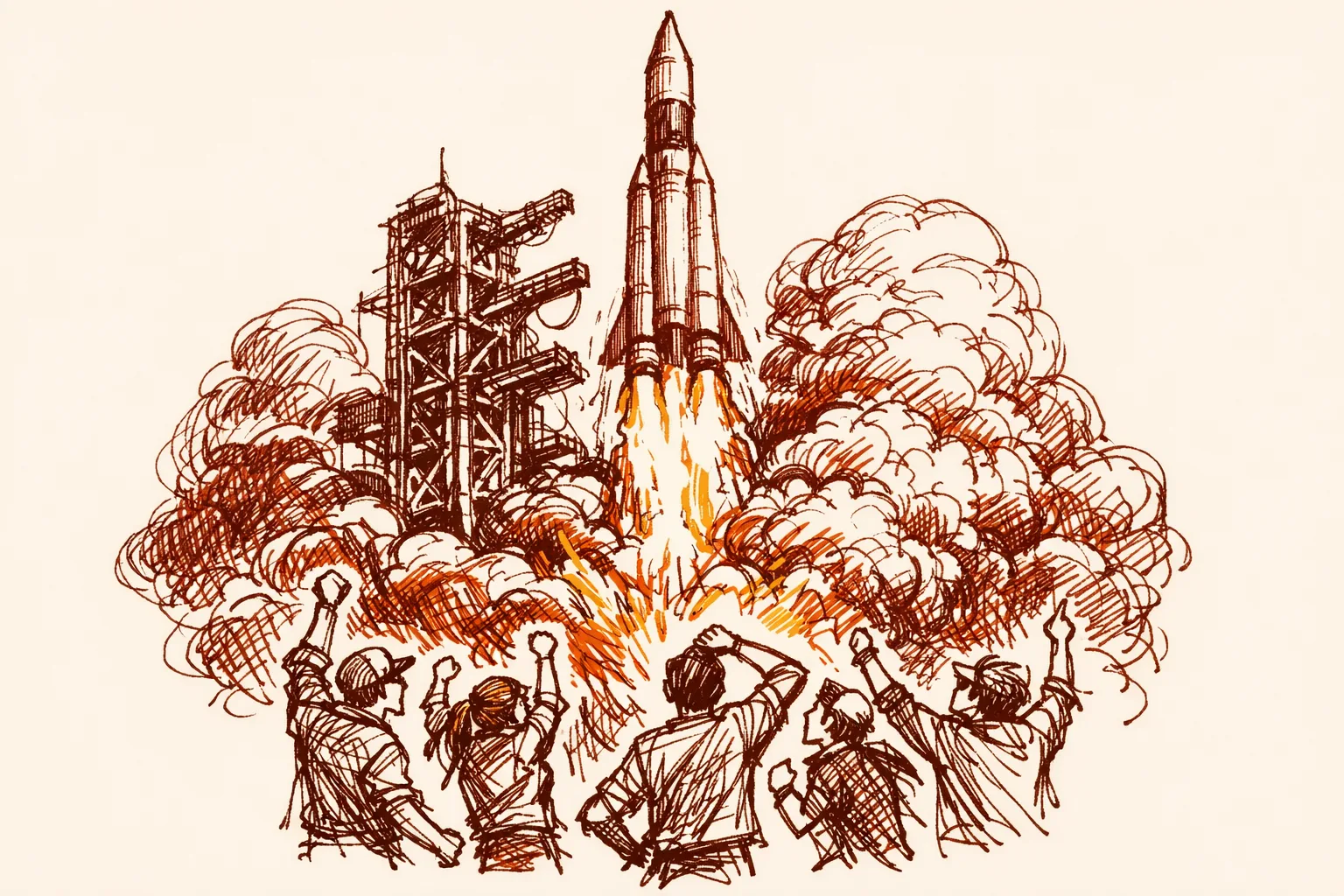 Editorial ink illustration of a private Indian rocket launching from a launchpad while young engineers below watch with raised arms in celebration