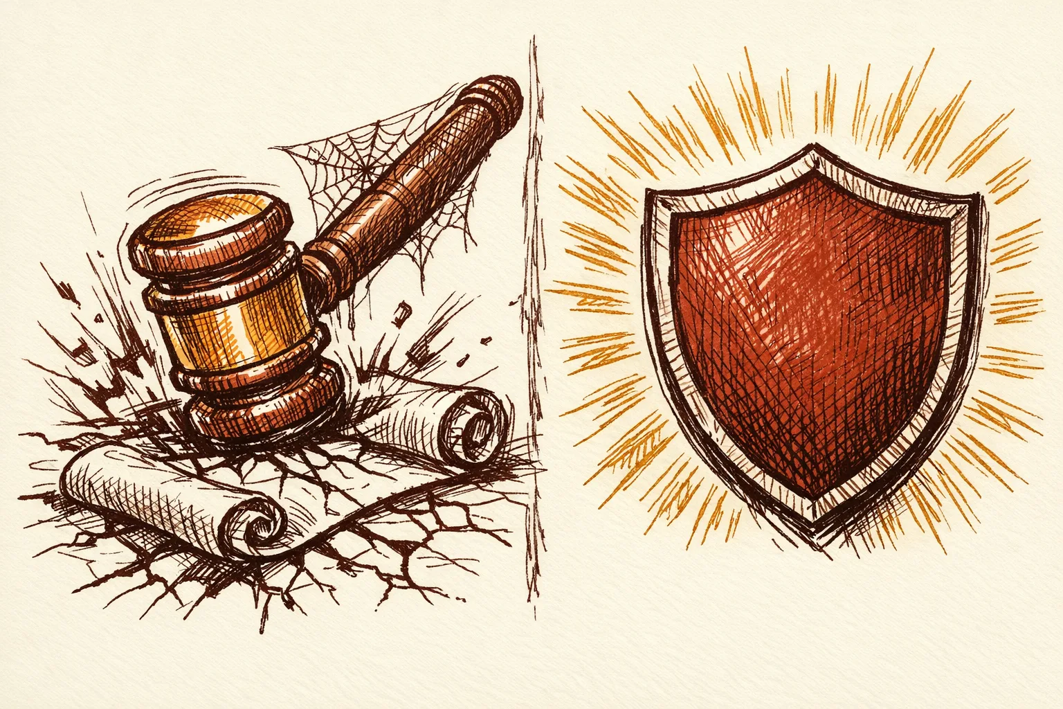 Editorial illustration contrasting a cobweb-covered gavel representing legislative inaction on racial discrimination law in India with a bold radiating protective shield representing effective legal frameworks, illustrating the gap India needs to close.