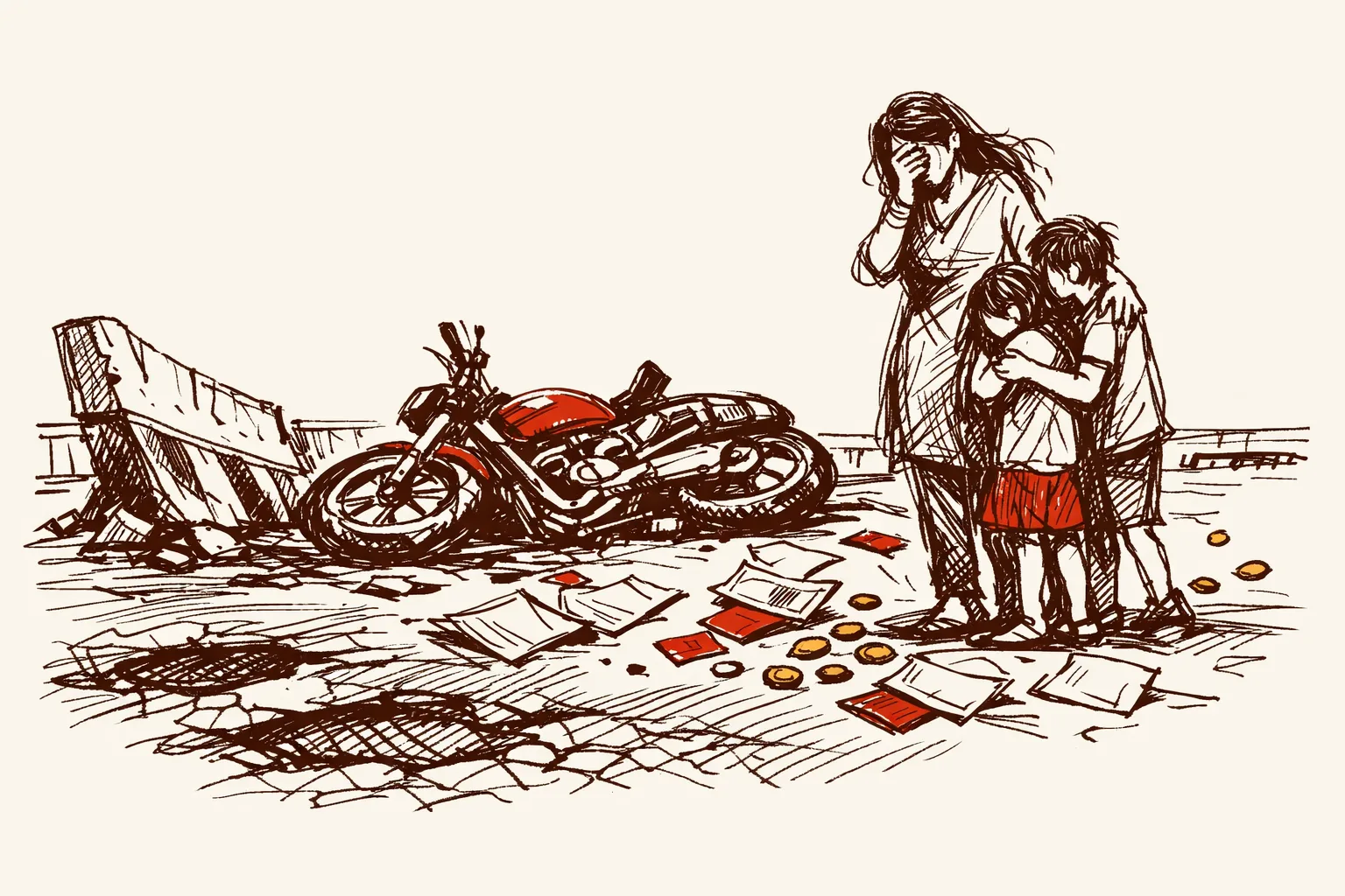 Editorial illustration of a grieving family standing beside an overturned motorcycle on a cracked highway, with papers and coins scattered around them symbolizing the economic toll of road accident deaths in India.