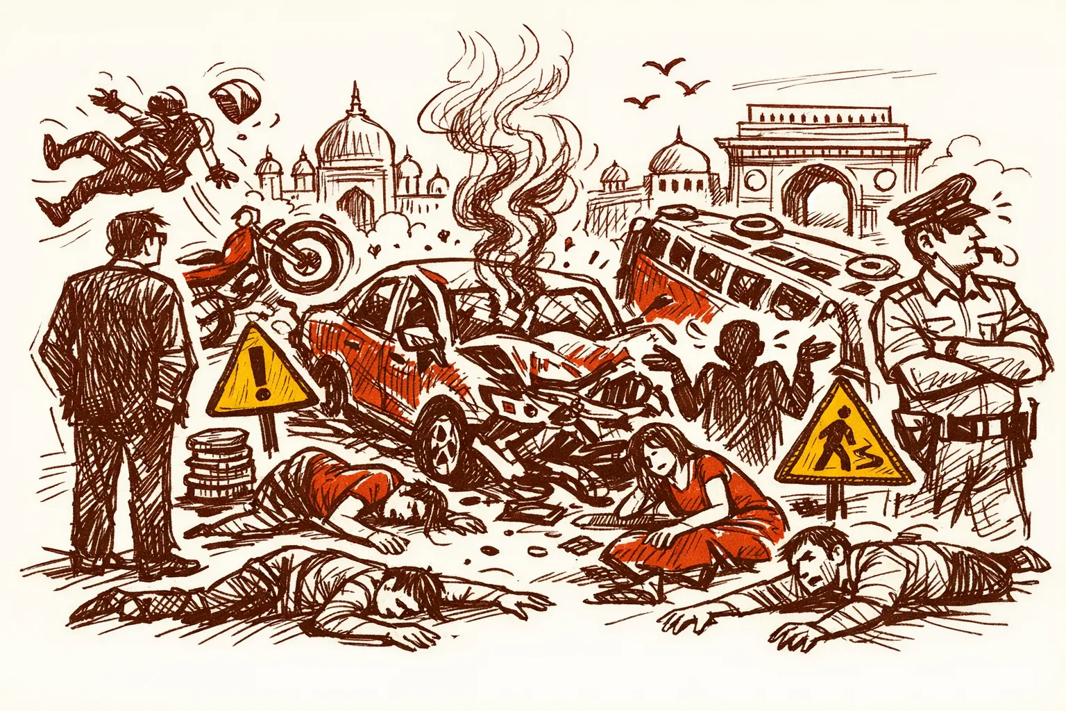 Editorial illustration for India Road Accidents Kill 173,000 People a Year and Nobody Is Held Responsible