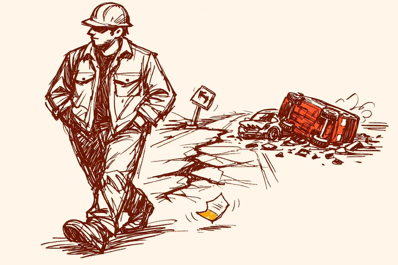 Editorial illustration of a hard-hatted contractor walking away casually while a cracked dangerous road with a crash scene stretches behind them and a tiny penalty slip flutters to the ground unnoticed, illustrating lack of accountability in India's road safety system.