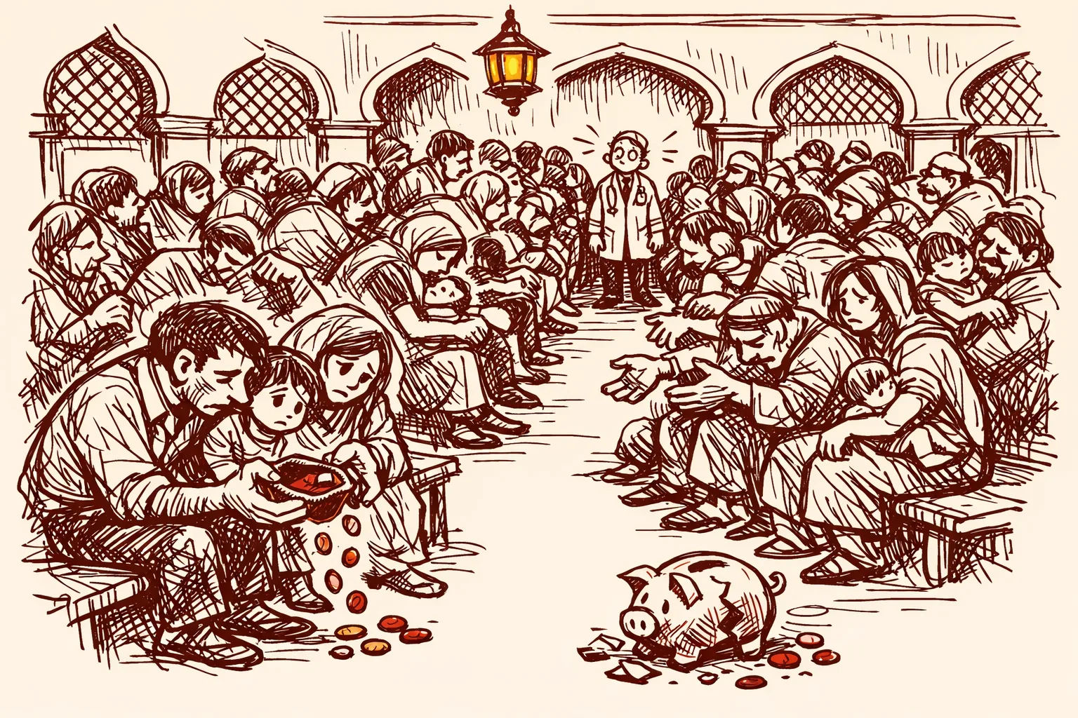 Editorial illustration of an overcrowded rural Indian clinic with arched doorways, dozens of waiting patients filling the room, a single small doctor figure overwhelmed at the far end, and a family clutching an empty coin purse in the foreground.
