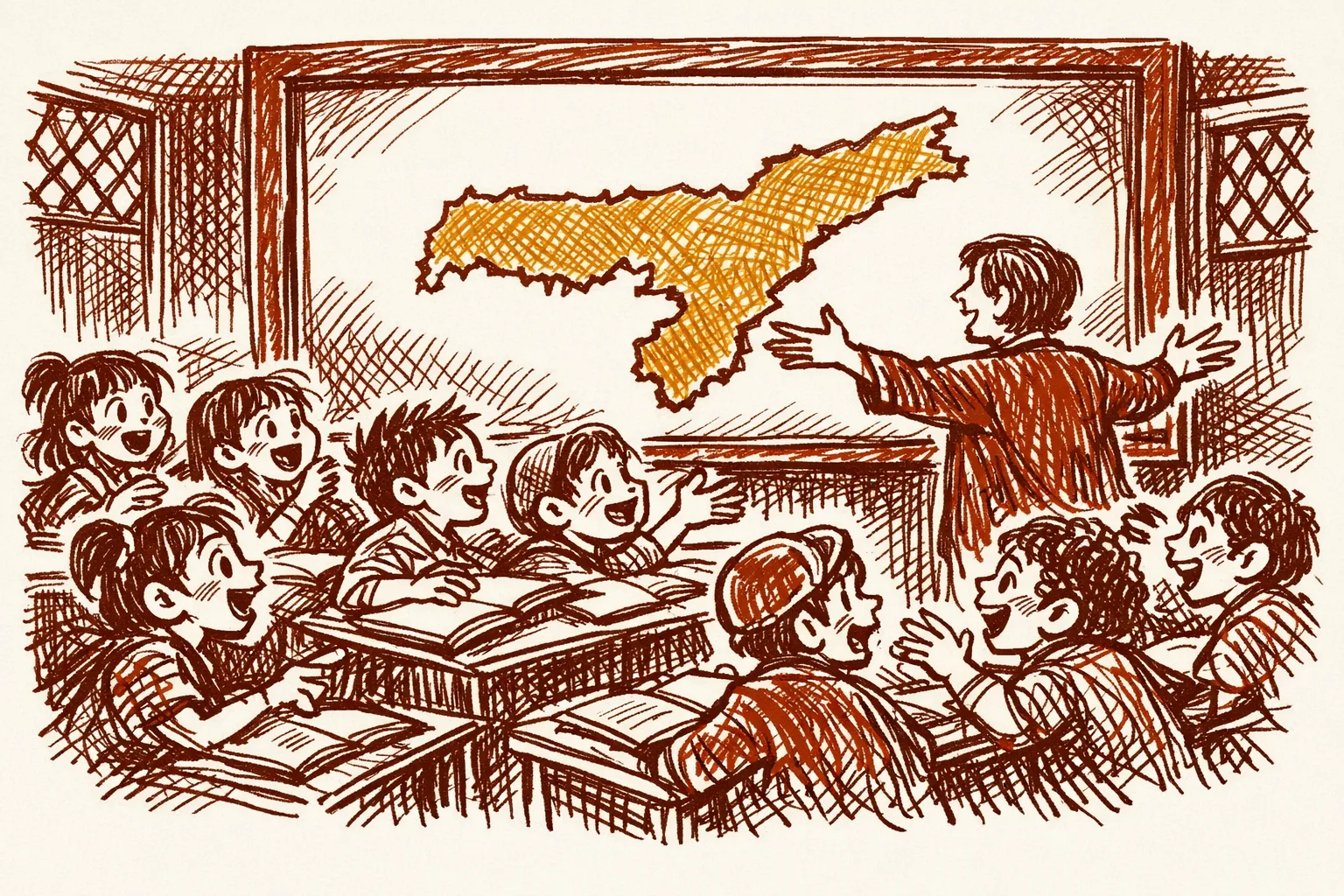 Editorial illustration of a diverse classroom of children leaning eagerly over books while a teacher points to a sketched map of Northeast India on a blackboard, representing the recommendation to include Northeast Indian history and culture in national school curricula.