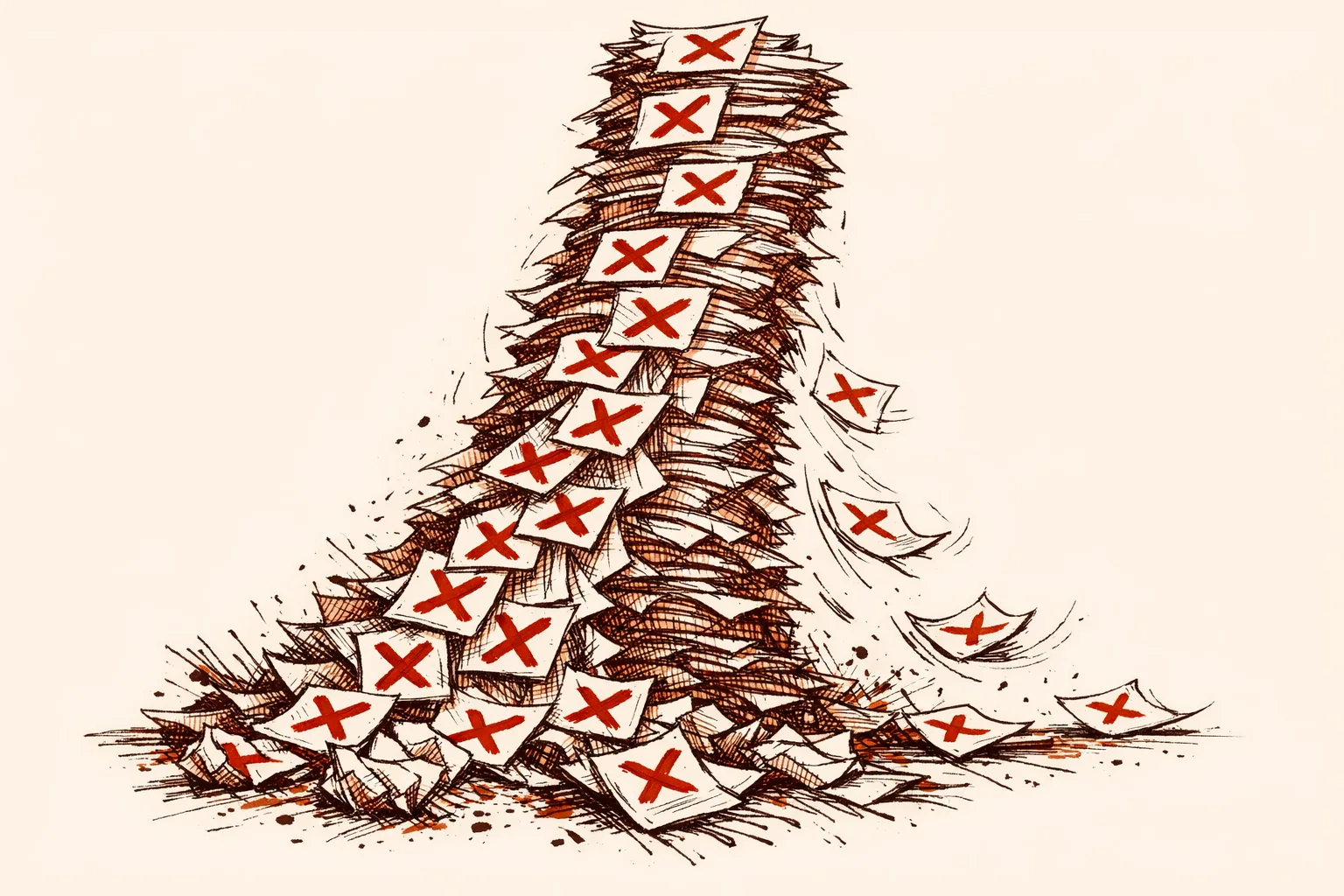 Editorial illustration of a towering unstable stack of paper documents each marked with an X, sheets cascading and spilling downward representing the rapidly growing volume of government content blocking orders in India