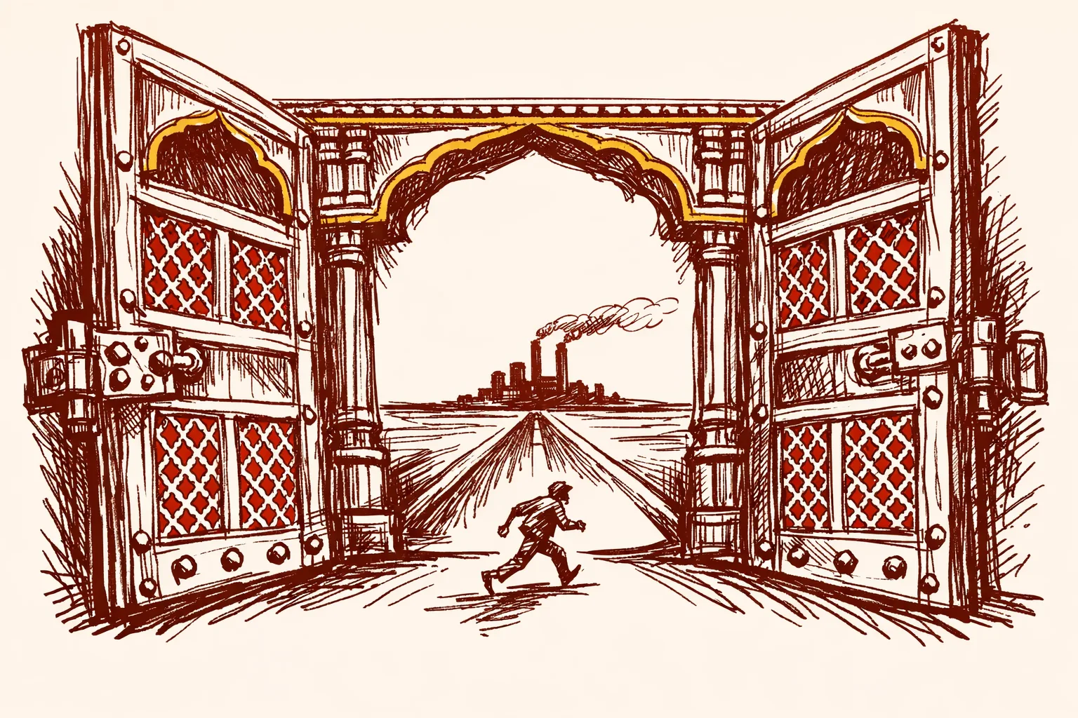 Editorial illustration of two grand ornate doors with Indian architectural jali patterns swung wide open onto a road stretching forward, with a lone figure stepping through, representing India's trade deal as an opportunity requiring bold reform action