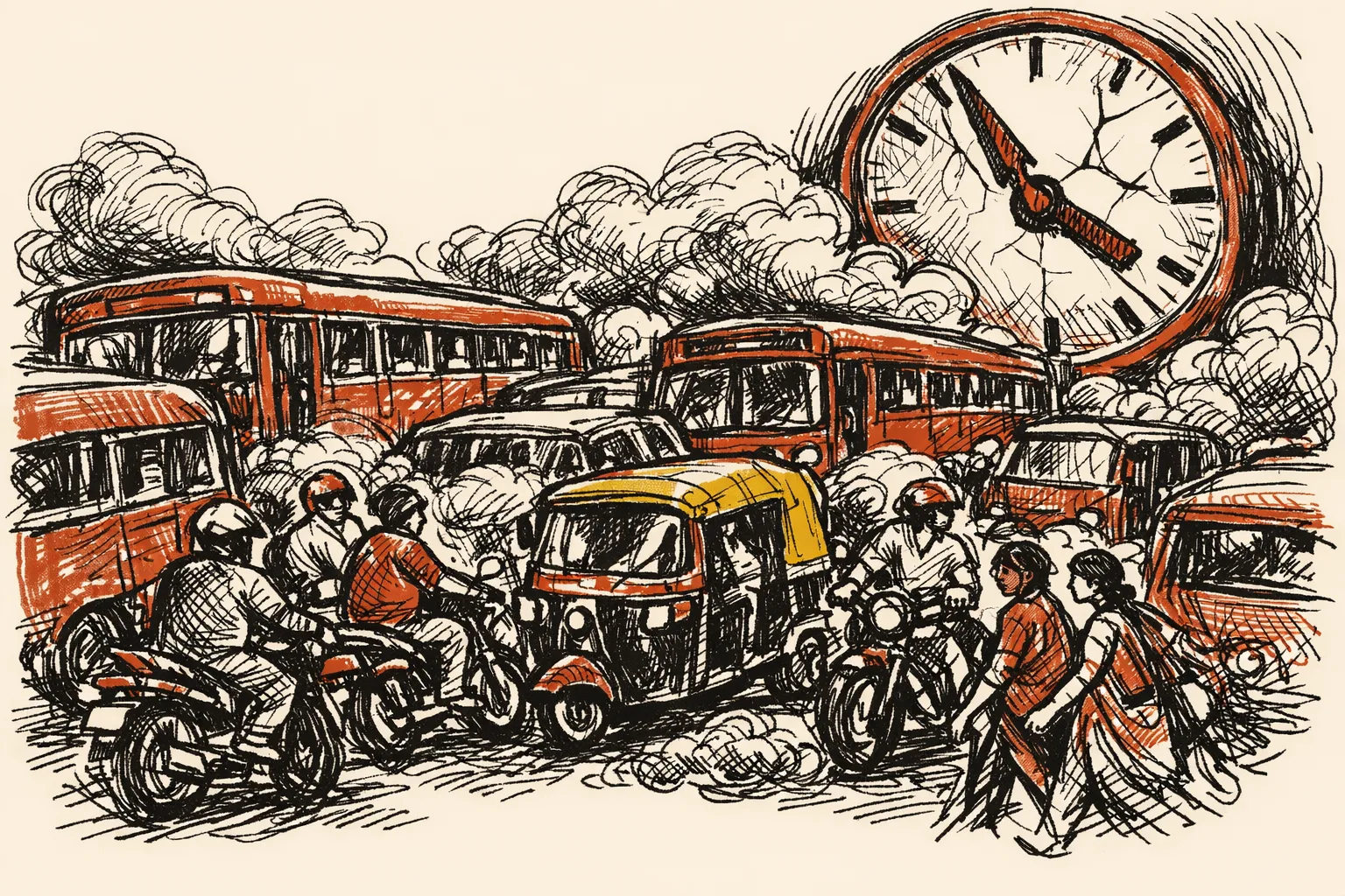 Editorial illustration of chaotic Indian road packed with buses, motorcycles, auto-rickshaws and pedestrians, with a large cracked clock overhead symbolizing lives lost every hour to road accidents