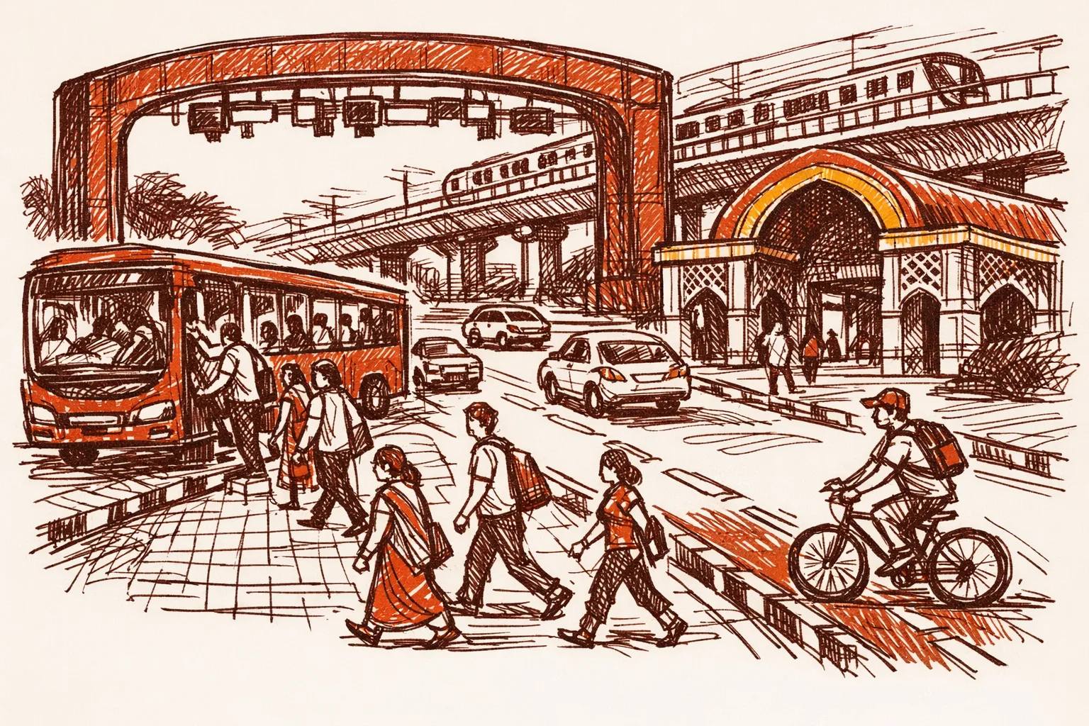 Editorial illustration of an ordered Indian urban street with a FASTag toll gantry, a bus at a stop, a metro station entrance with decorative arches, and pedestrians on a proper footpath, representing proposed traffic solutions