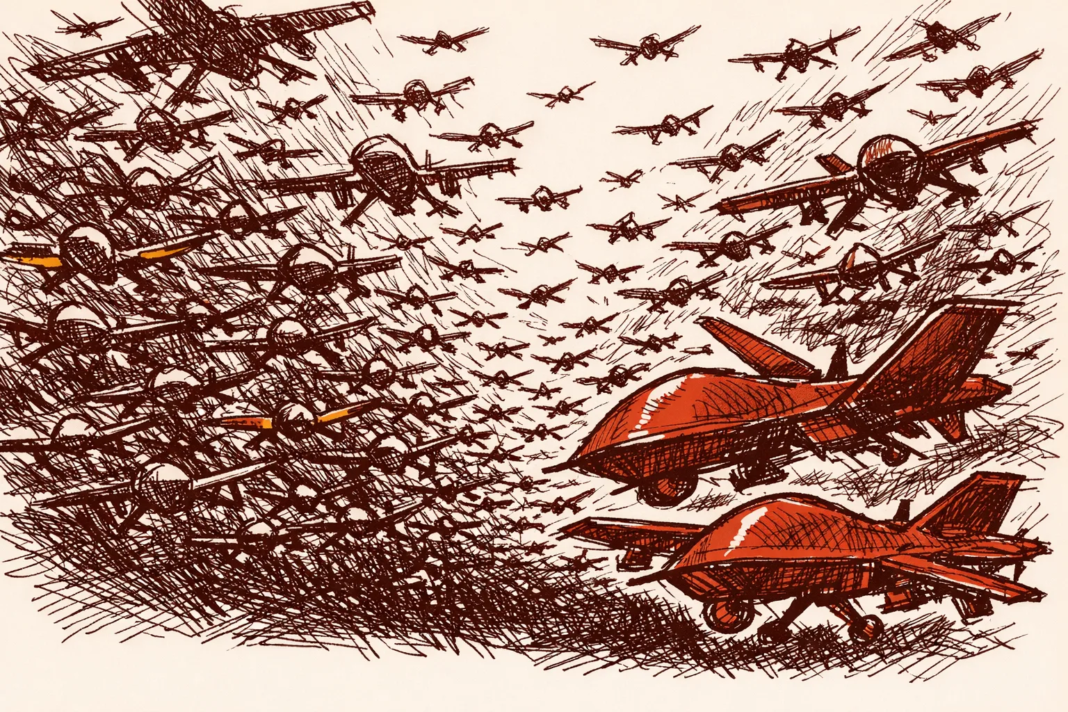Editorial illustration of a swarm of drones converging from two directions, representing the two-front military drone threat India faces from China and Pakistan