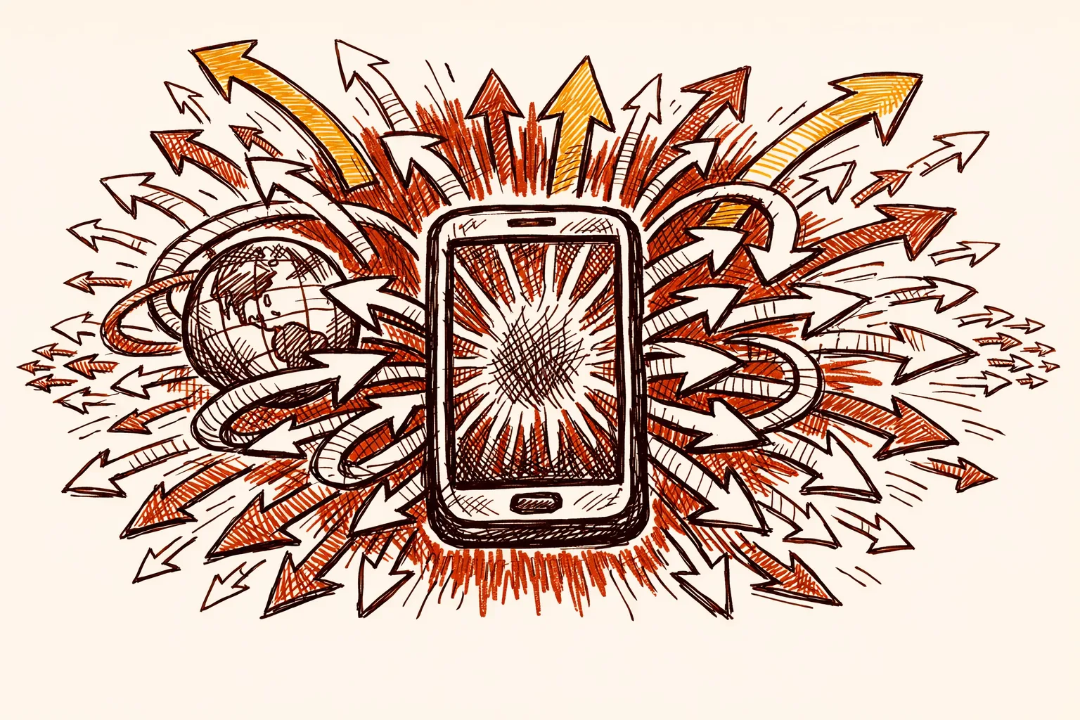 Editorial illustration showing an explosion of digital payment arrows radiating from a smartphone at the center, dwarfing the rest of the world, representing India's massive share of global real-time transactions.