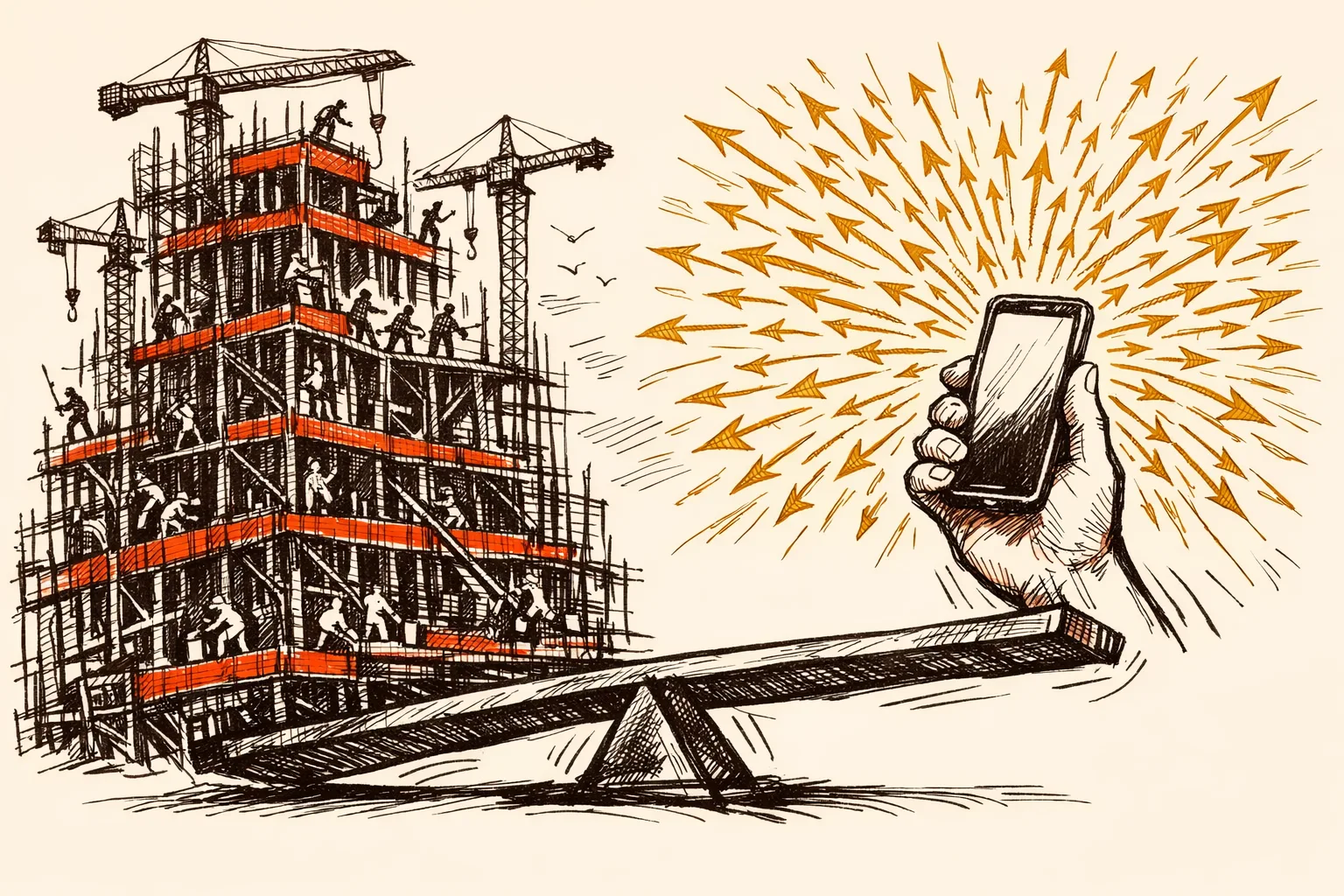 Editorial illustration showing a massive expensive construction project on one side balanced against a single hand holding a smartphone radiating payment transactions on the other, representing India building the world's largest payment system at a fraction of comparable costs.
