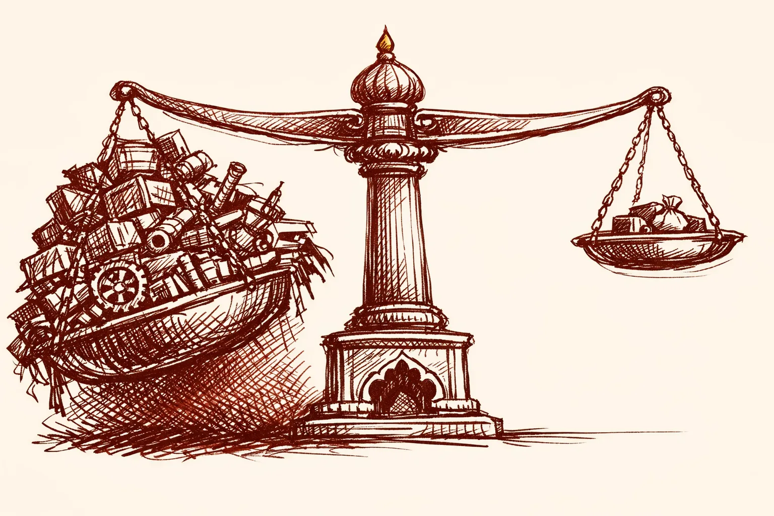 Editorial illustration of an unbalanced scale with one side overloaded with industrial goods and the other nearly empty, depicting the uneven trade concessions in the India-US interim trade framework