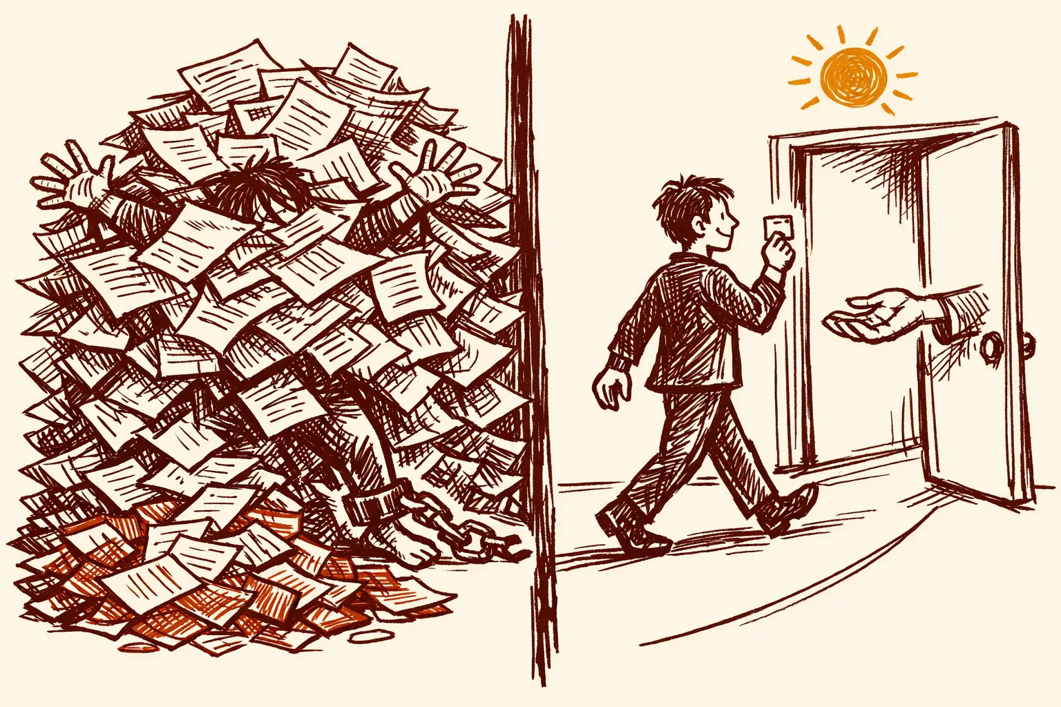 Editorial illustration split in two halves: left side shows a person entangled in chaotic paperwork and bills representing India's fragmented healthcare system, right side shows a person calmly presenting a single card at a clinic door representing Thailand's universal coverage model.
