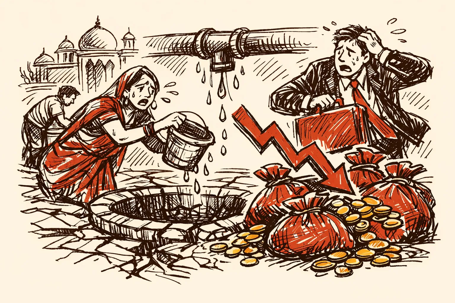 Editorial illustration for India Is Running Out of Water and It Is Costing the Economy Trillions
