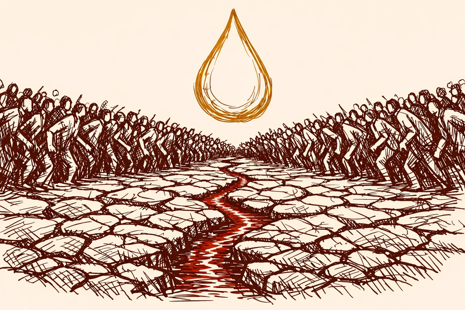 Editorial illustration of a vast cracked dry riverbed with a tiny trickle of water surrounded by dense crowds of people, representing the severe gap between India's freshwater supply and its enormous population