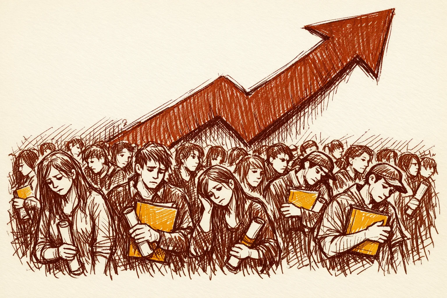 Editorial illustration showing a large crowd of young people holding certificates and folders, overwhelmed by a soaring economic growth arrow that bypasses them, representing India's jobless growth paradox