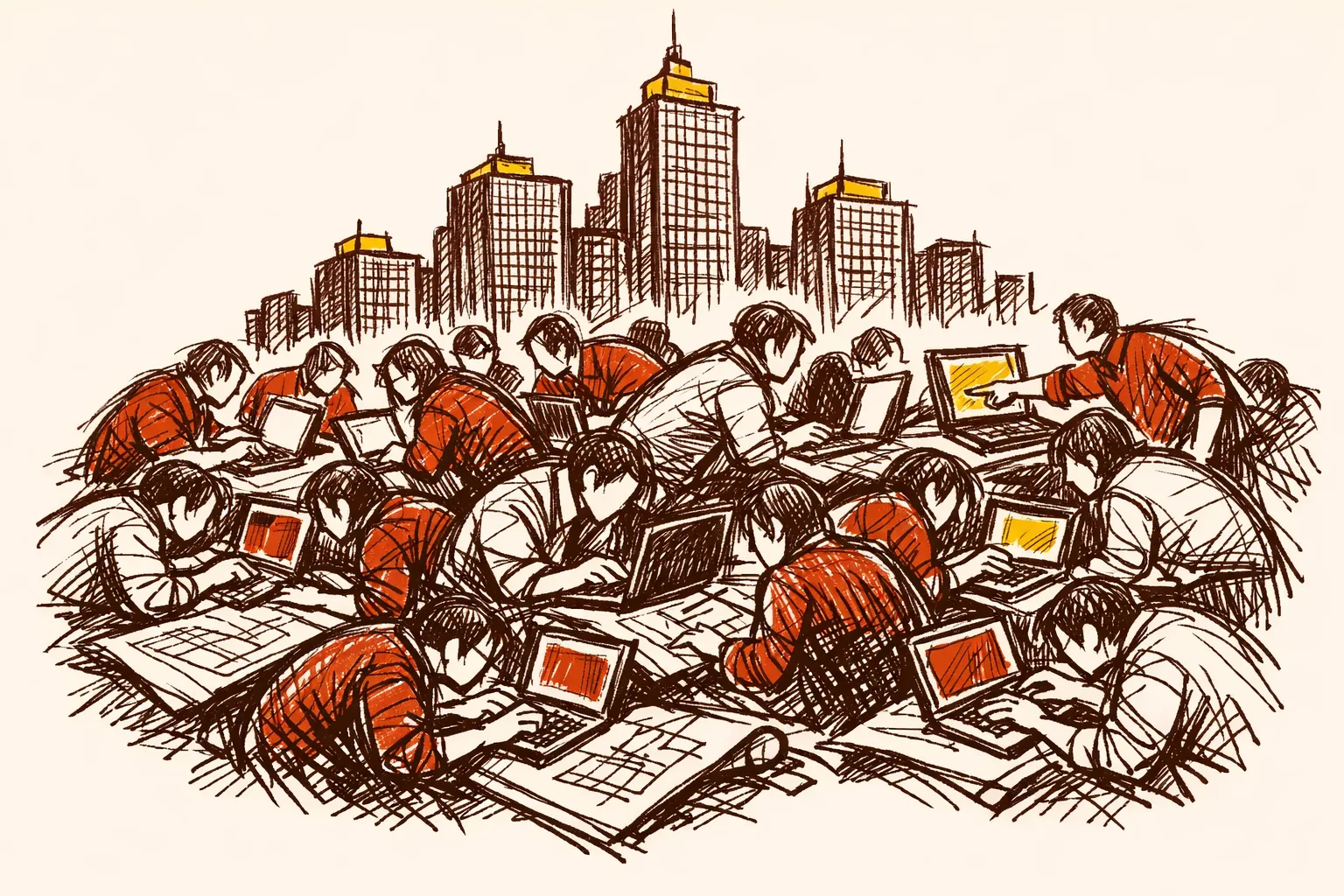 Editorial illustration of dozens of workers at laptops and drafting tables packed together in front of a sketchy city skyline, representing the economic contributions of skilled Indian H-1B visa workers in American technology industries.