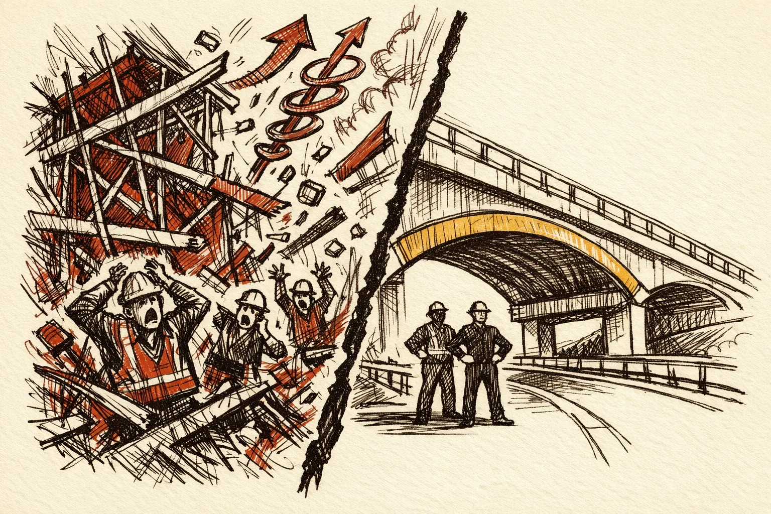 Editorial illustration showing a chaotic over-budget construction scene transforming into a completed orderly infrastructure project, representing how policy reforms in the UK and South Korea reduced cost overruns