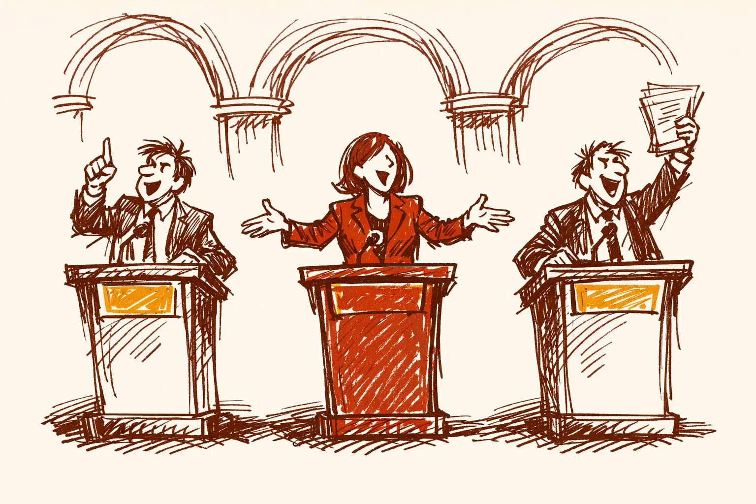 Editorial illustration of three figures at separate podiums in animated speaking poses, representing how different nations address multilateral forums on terrorism with diplomatic language