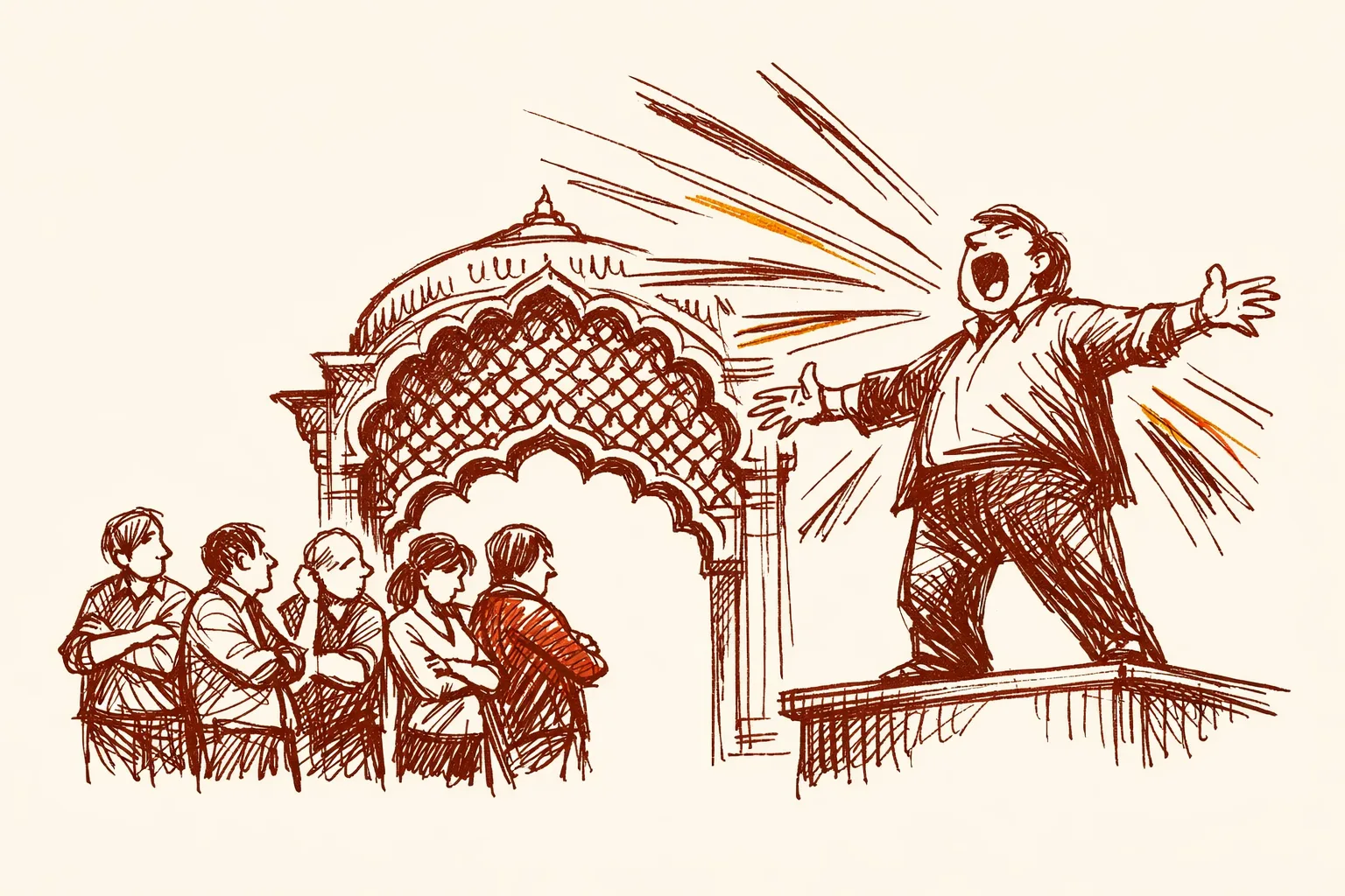 Editorial illustration of a bold expressive figure speaking loudly with voice lines radiating outward while a group of passive figures stand turned away, separated by a decorative Indian architectural arch, symbolizing Iran speaking in India's defense while India's own leaders stayed silent.