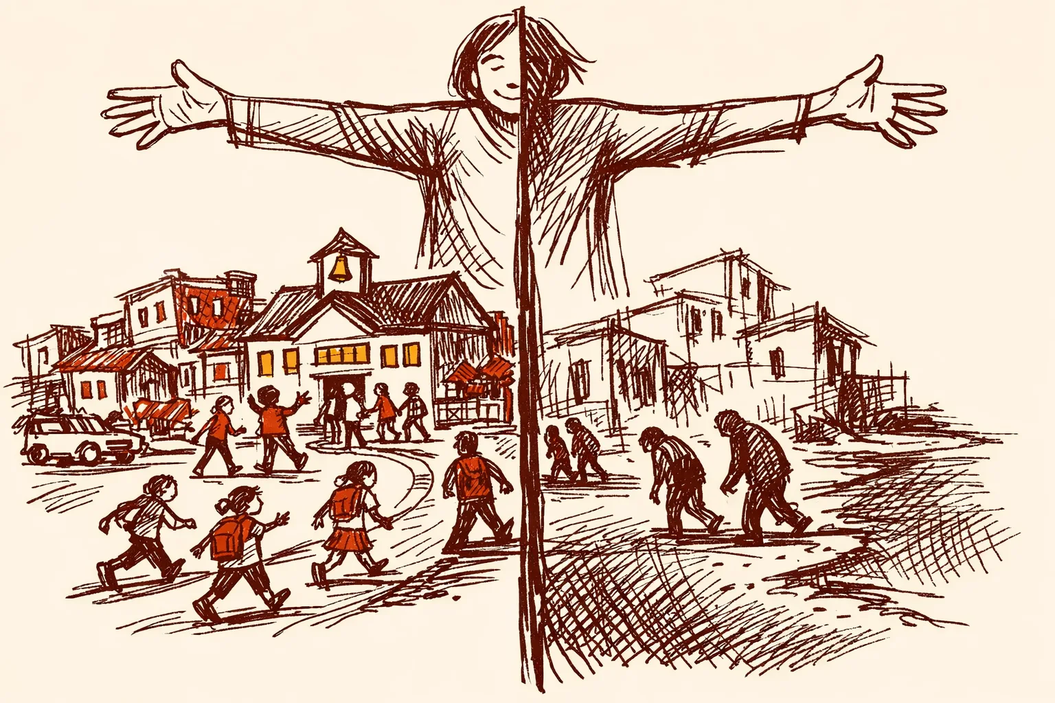 Editorial illustration split in two halves showing one community with roads, schools and housing built through targeted investment contrasted against a sparse underdeveloped community, representing Japan's Dowa infrastructure program for Burakumin communities.