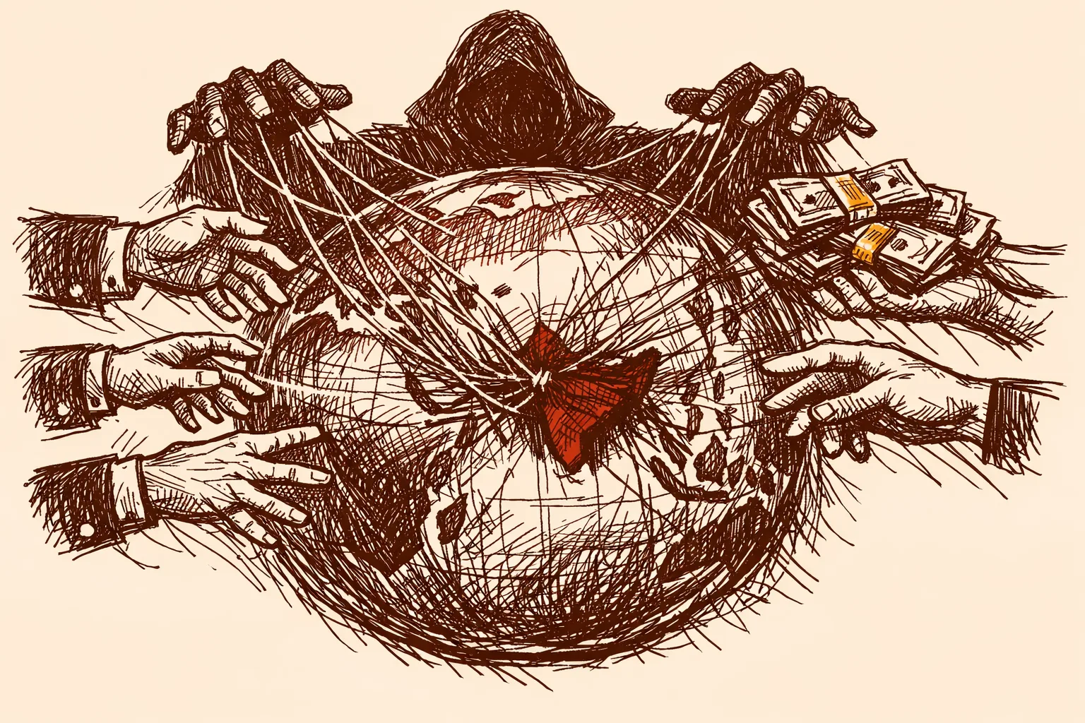 Editorial illustration showing hands from multiple directions connected by tangled threads to a globe, with a shadowy puppeteer figure behind it, representing external foreign funding networks driving separatist movements
