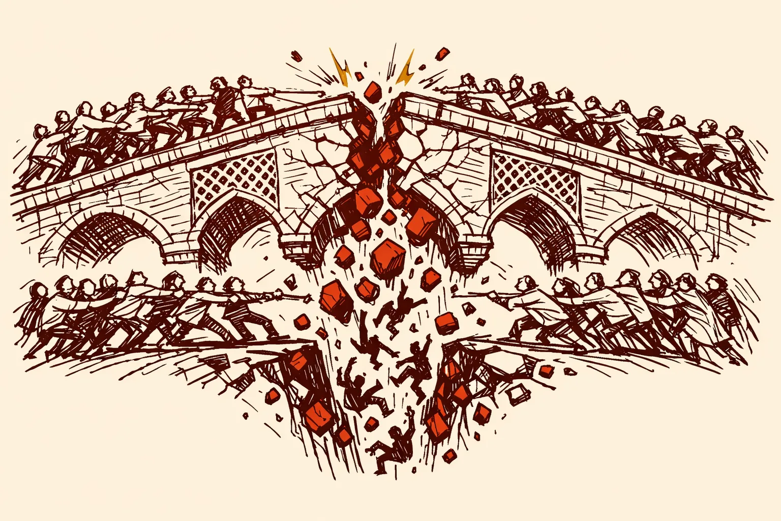 Editorial illustration of a crumbling Mughal arch bridge splitting in two with crowds of figures pulling apart on either side, representing the collapse of the Khilafat Movement alliance