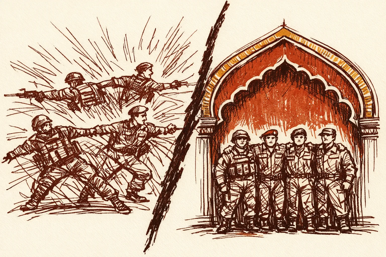 Editorial illustration contrasting fragmented military figures pulling apart on the left with unified soldiers standing together under an integrated command arch on the right, representing defence reform transformation