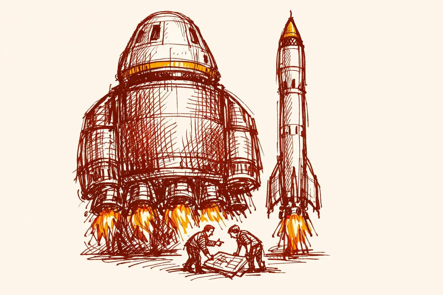 Editorial ink illustration of two rockets of contrasting sizes standing side by side with small human figures collaborating at the base representing NASA and ISRO partnership