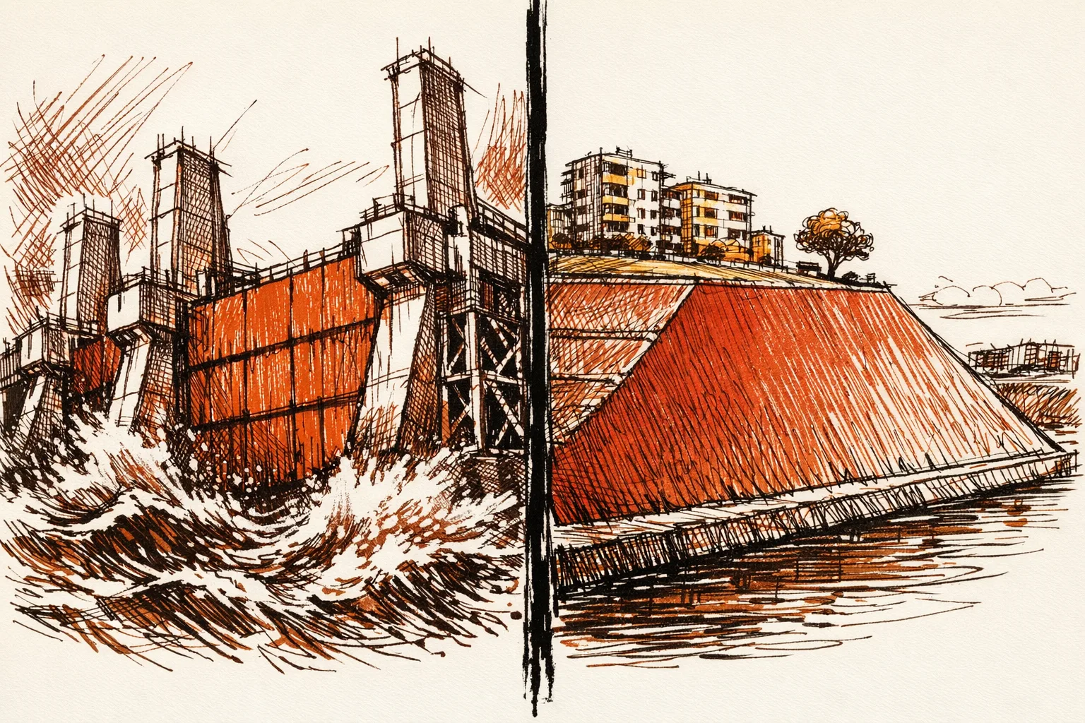 Editorial illustration split between the Netherlands Delta Works storm surge barrier and a Japanese super levee with buildings on top, showing international flood defense engineering solutions