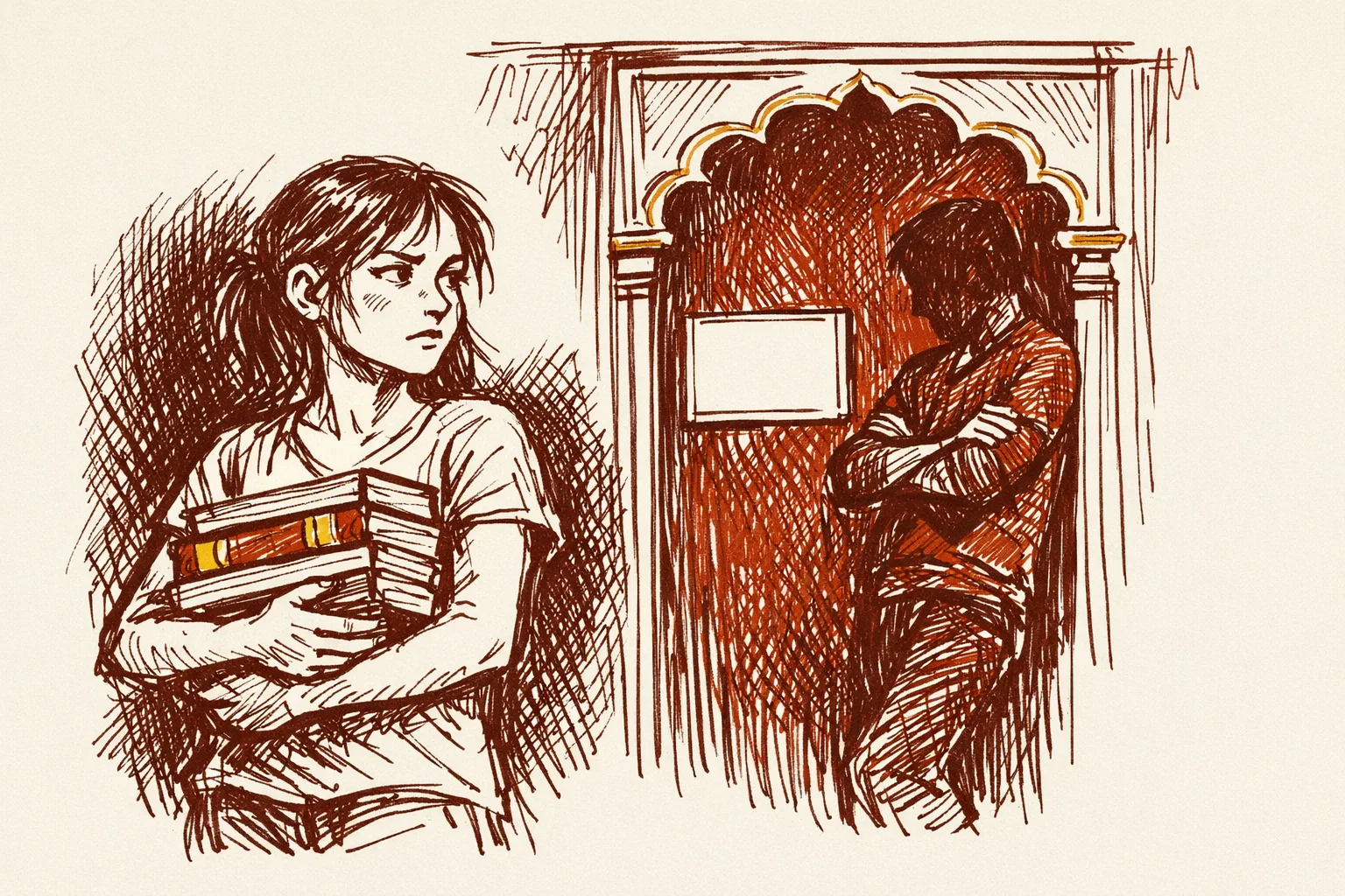 Editorial illustration of a young Northeast Indian woman holding civil services exam books being turned away at a door by a landlord with crossed arms, depicting housing discrimination faced by Northeastern migrants in Indian cities.
