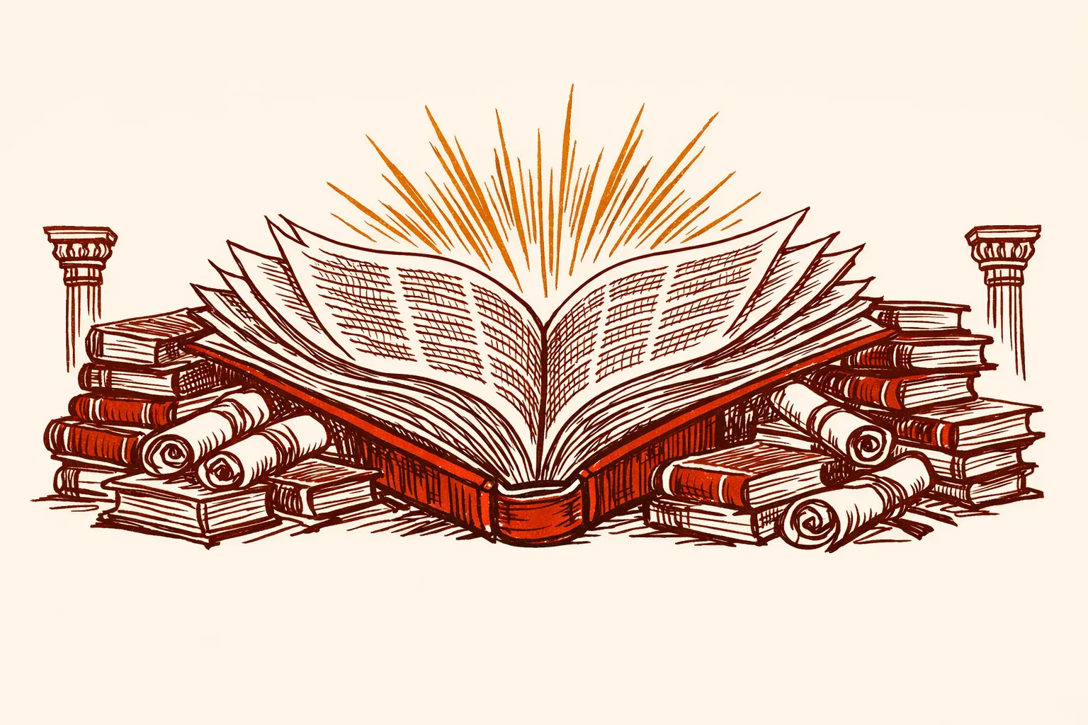 Editorial illustration of a large open book with pages spread like wings surrounded by stacks of closed books and scrolls, representing the call to open the full historical record of partition to students
