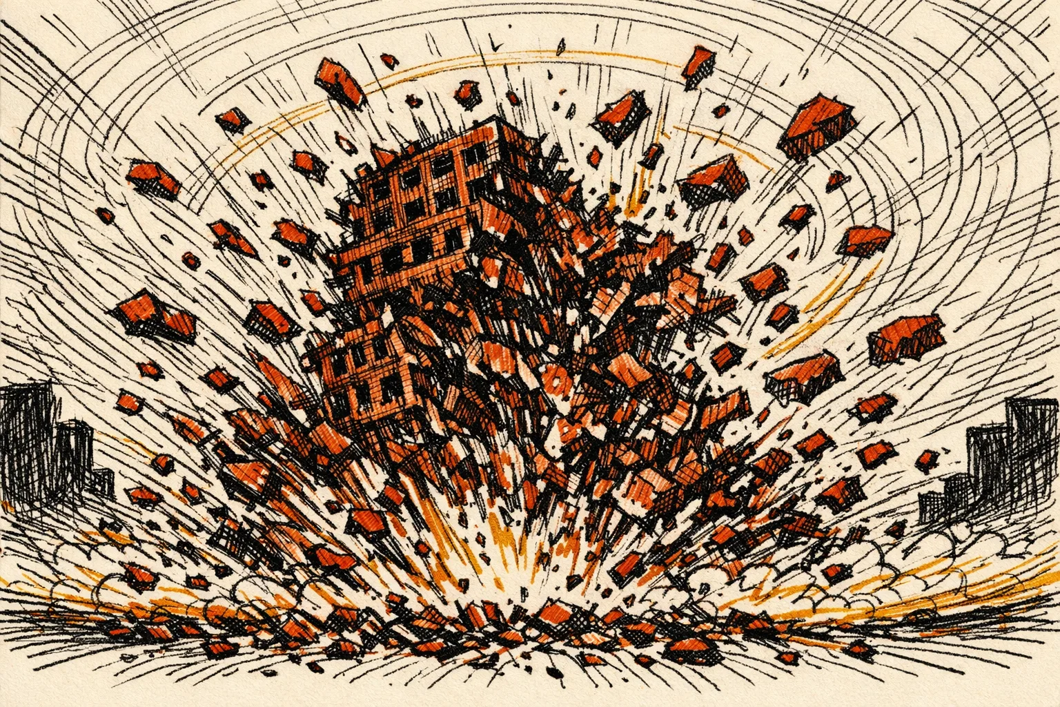 Editorial illustration of a large building structure collapsing with shockwave rings expanding outward, representing India's Operation Sindoor military strikes on terror launchpads in Pakistan