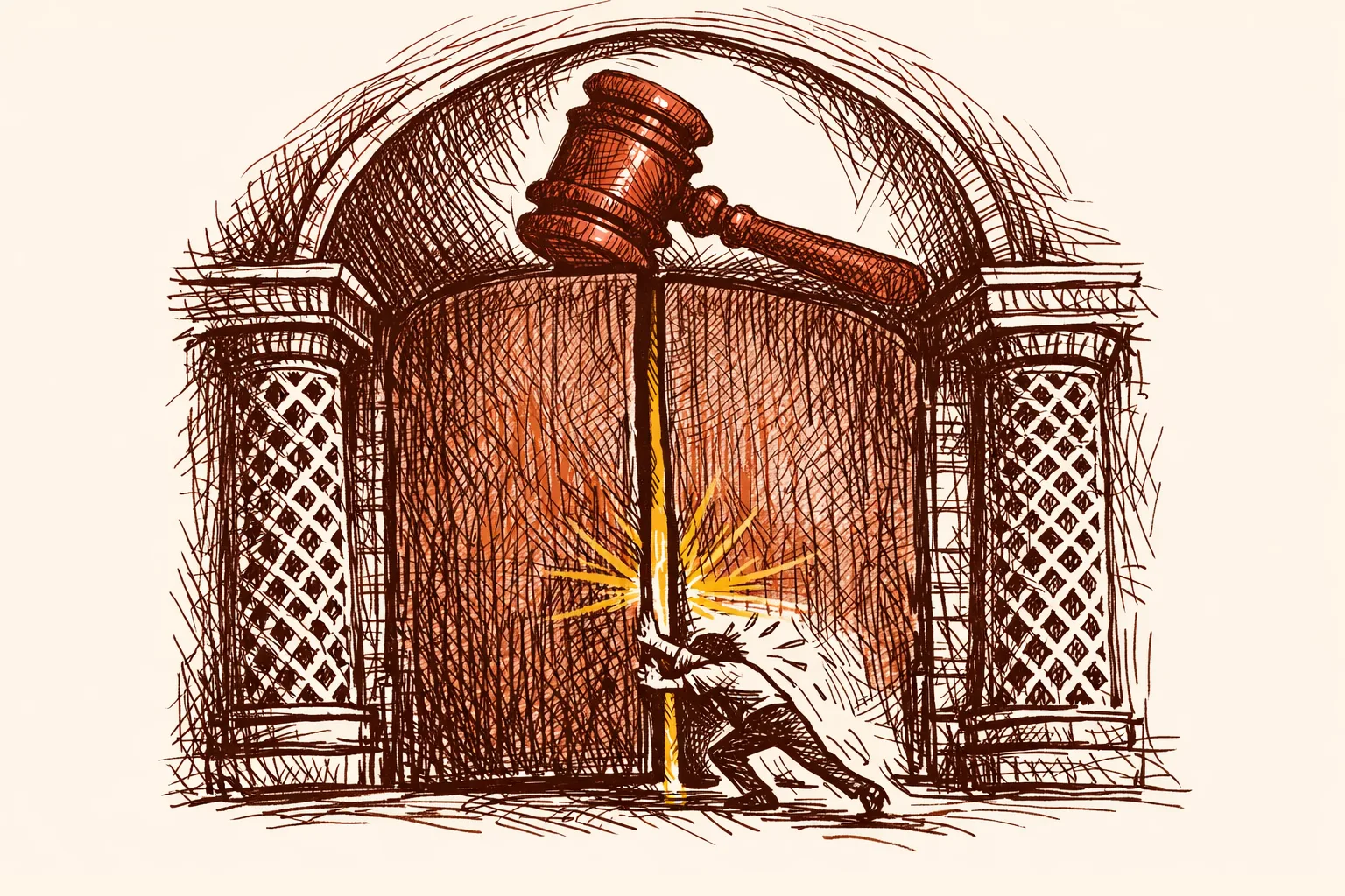 Editorial illustration of a lone figure straining to push open a massive parliament door beneath a looming gavel, symbolising the urgent need for legislative action on India's electoral finance reforms