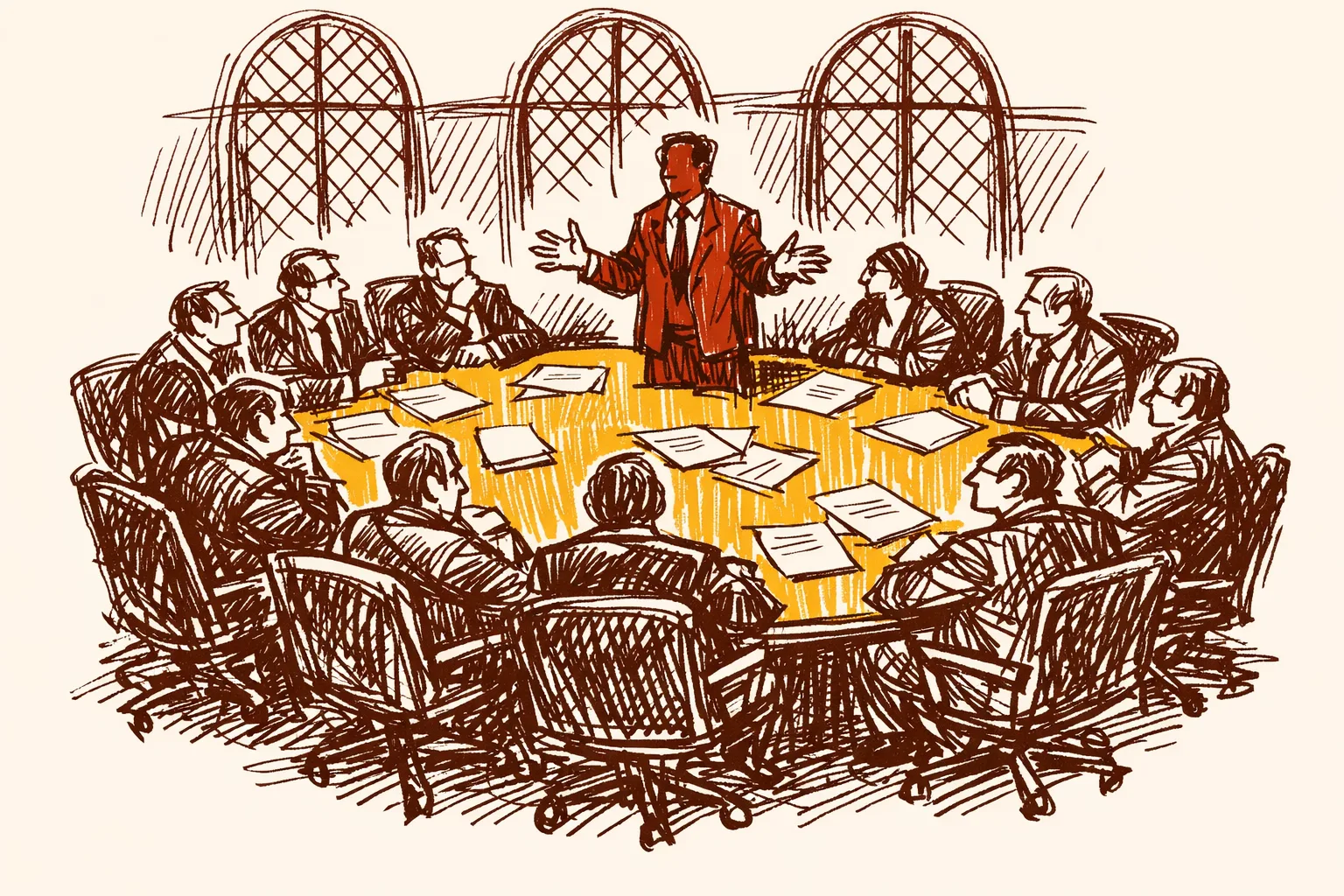 Editorial illustration of a crowded oval conference table with many seated delegates and one central standing figure addressing the room, representing multilateral SCO diplomacy