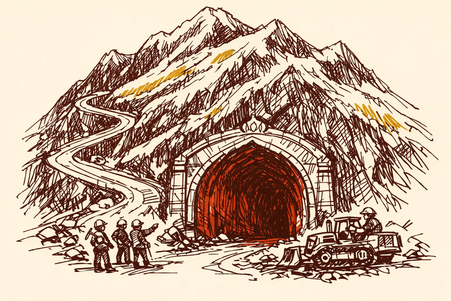 Editorial pen and ink illustration of workers constructing a large tunnel through a massive Himalayan mountain with a winding road, representing India's Sela Tunnel and border infrastructure development