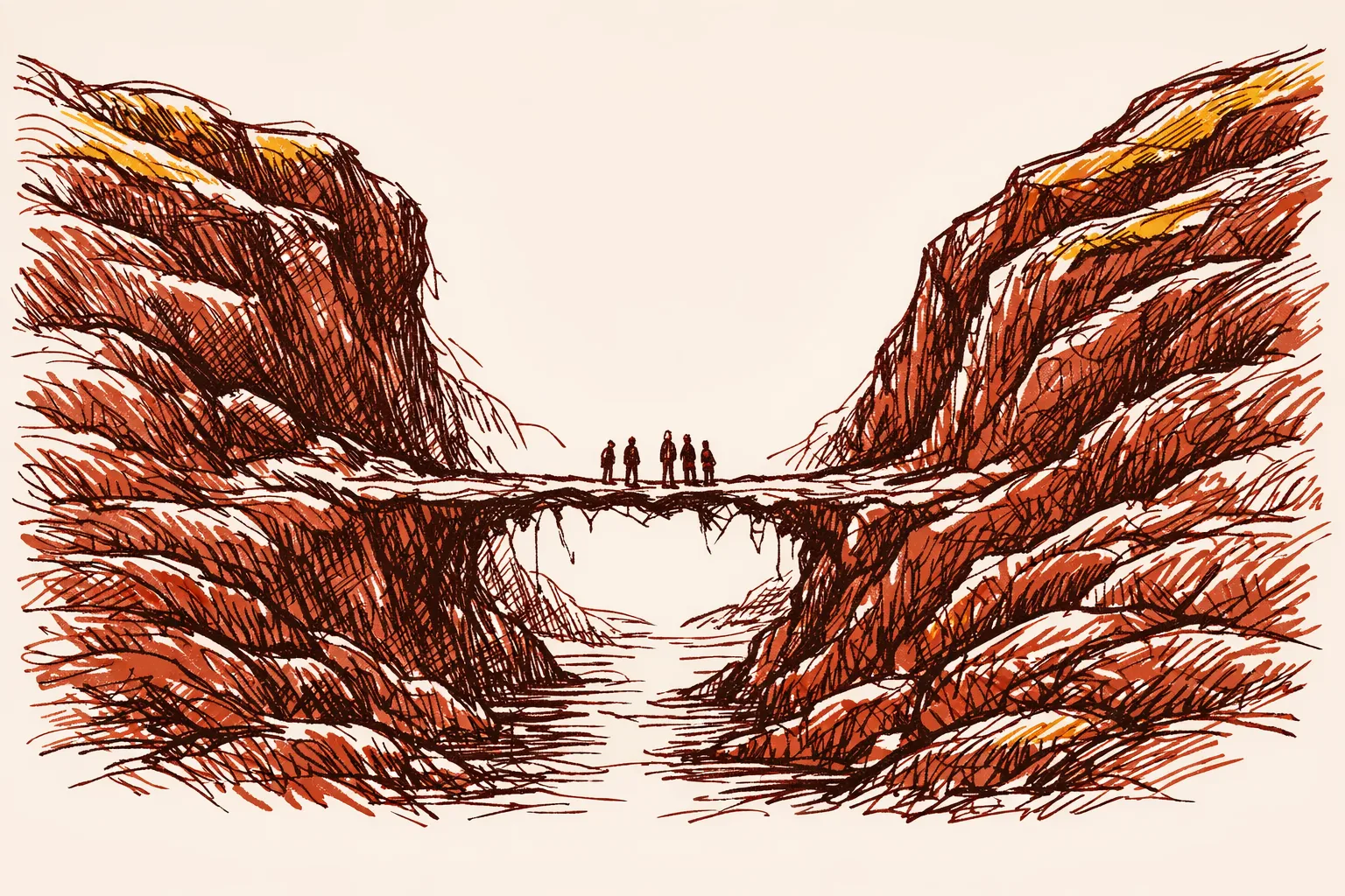 Editorial illustration of a dangerously narrow land corridor squeezed between two large landmasses, representing the strategic vulnerability of the Siliguri Corridor connecting India's northeastern states