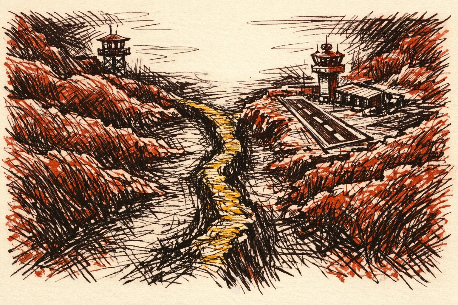 Editorial illustration of the narrow Siliguri Corridor land strip shown as a fragile thread between two landmasses with encircling geographic pressure and a nearby airbase sketch