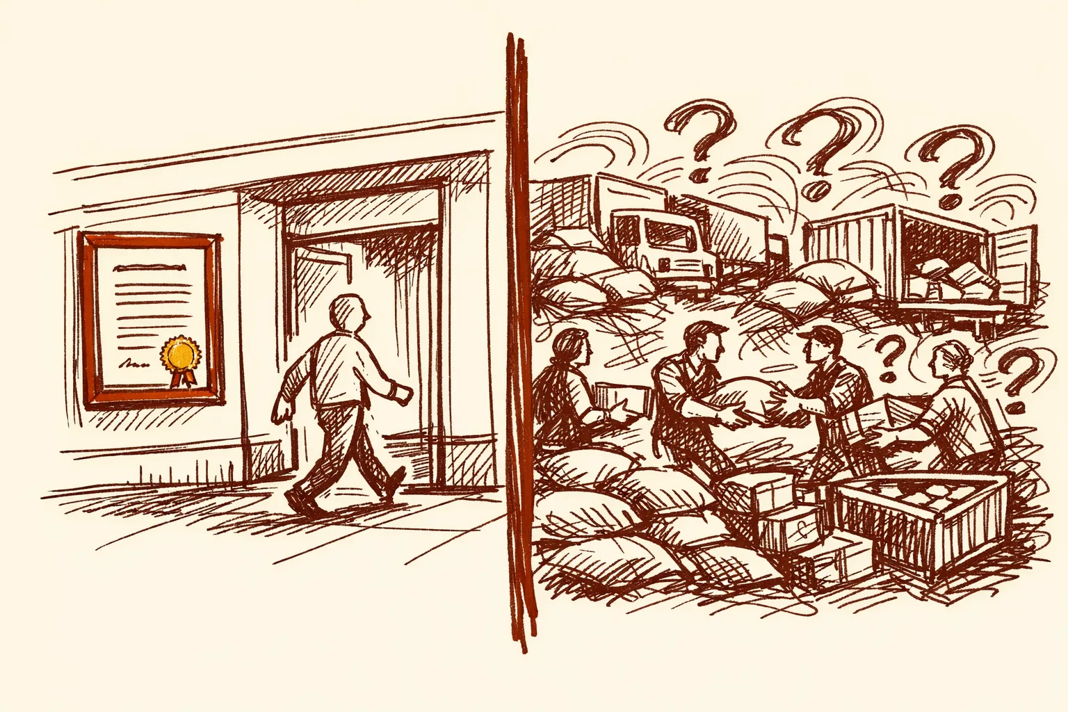 Editorial illustration split between a Singapore restaurant with a visible safety grade certificate on its door and a chaotic fragmented Indian food supply chain of unmarked goods passing between hands