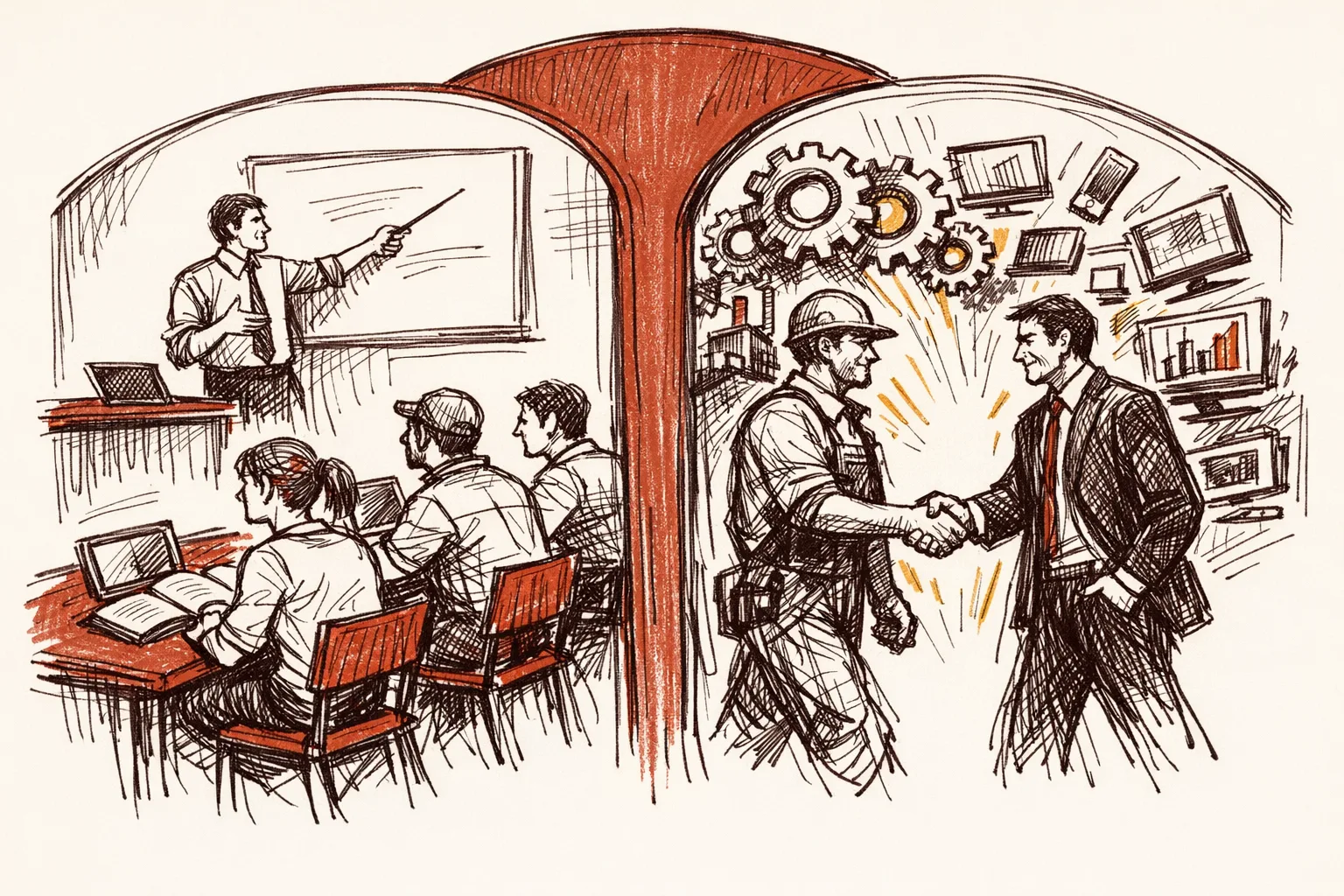 Editorial illustration showing two scenes of structured national workforce retraining — workers in organized upskilling classrooms and workers transitioning from industrial to digital roles, representing Singapore and Germany's proactive AI job transition models