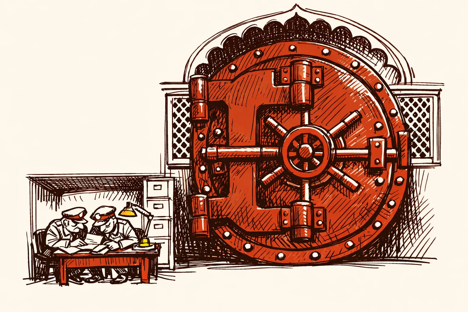Editorial illustration contrasting a tiny inexpensive defense liaison office with an enormous vault representing India's intelligence spending, illustrating the low cost of creating a film security review mechanism.