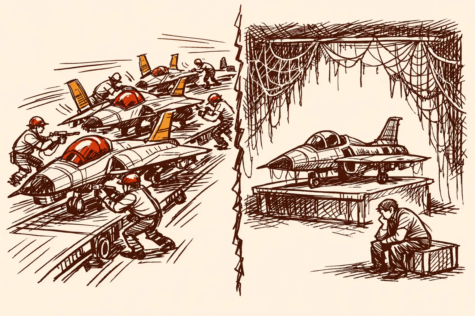 Editorial illustration contrasting a fast efficient fighter jet assembly line against a single cobweb-covered aircraft with idle workers, representing how South Korea and Israel outpace India in defence production speed