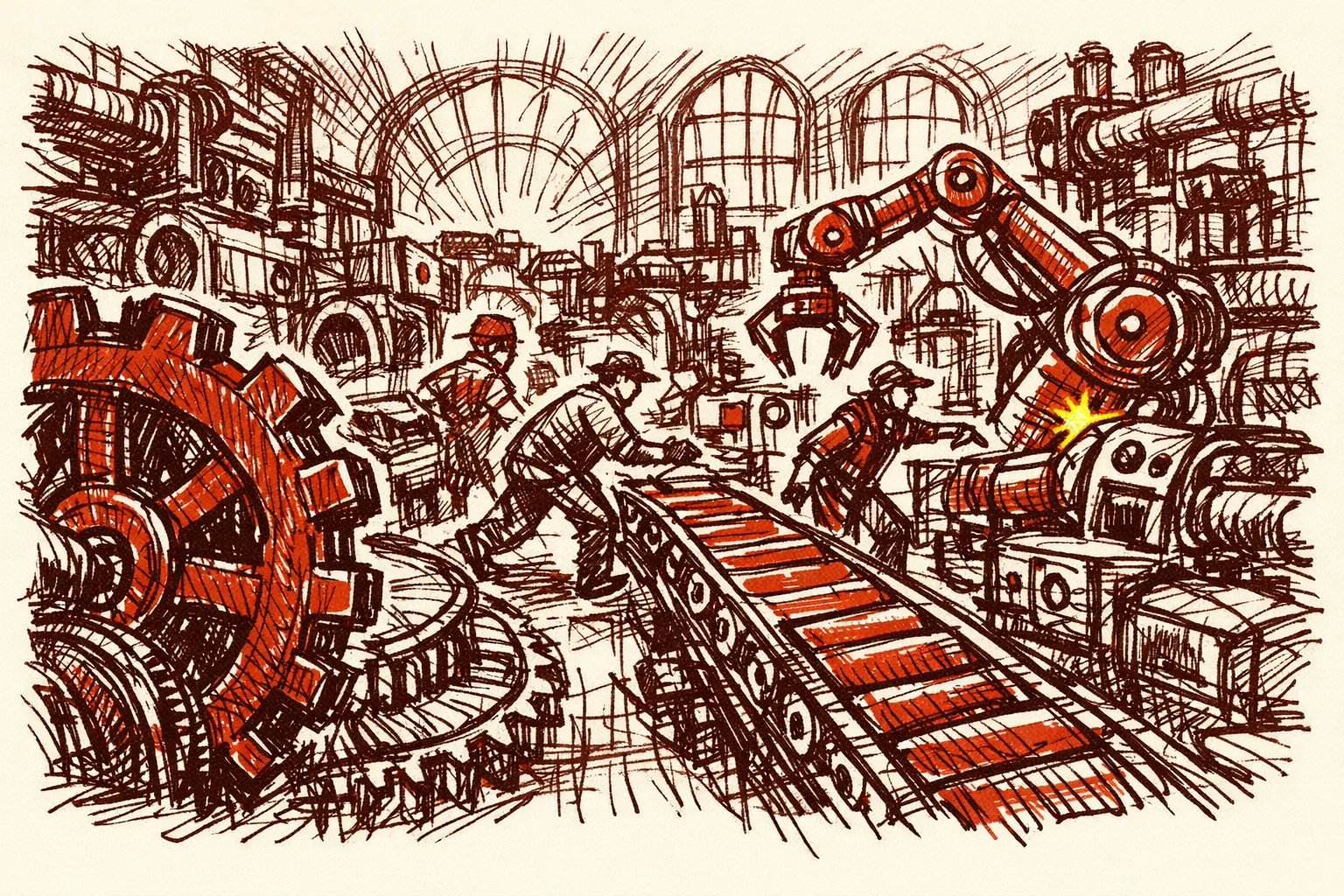 Editorial illustration of a bustling modernized factory floor with large machinery and workers, representing how South Korea and Japan used trade pressure to upgrade their manufacturing industries